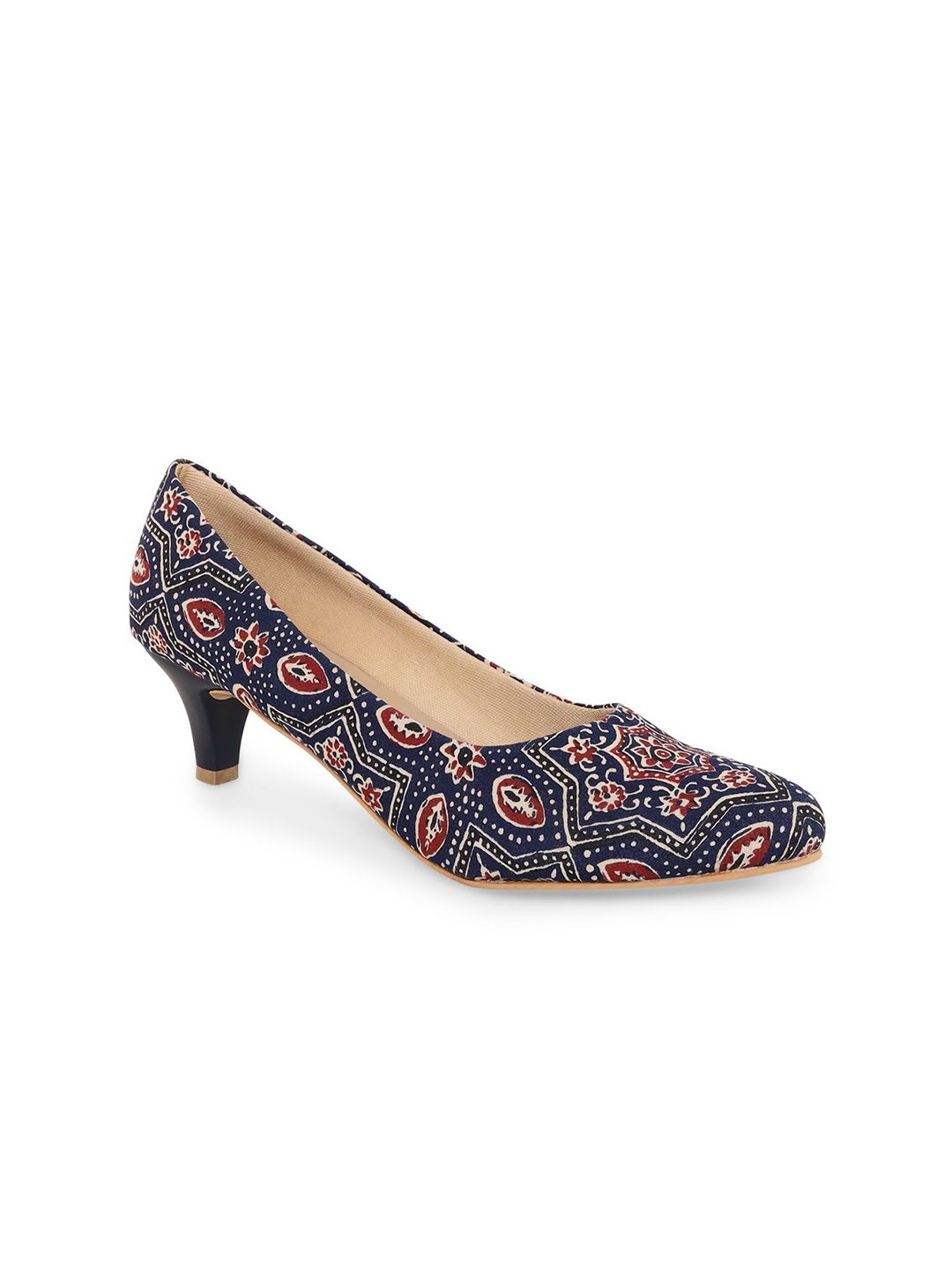 

Kanvas Women Printed Kitten Heel Pumps, Navy blue