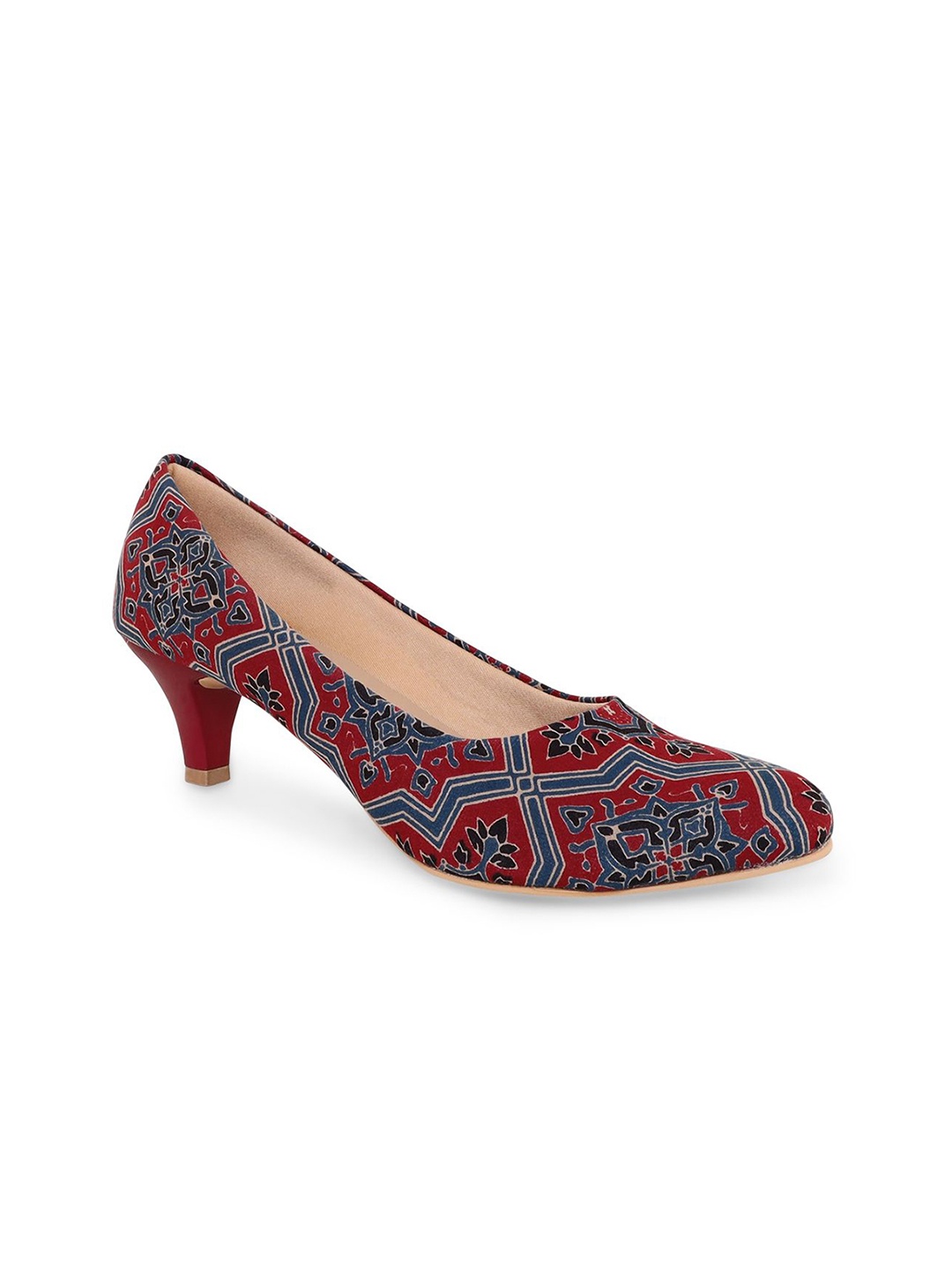 

Kanvas Women Ajrak Printed Kitten Heel Pumps, Red