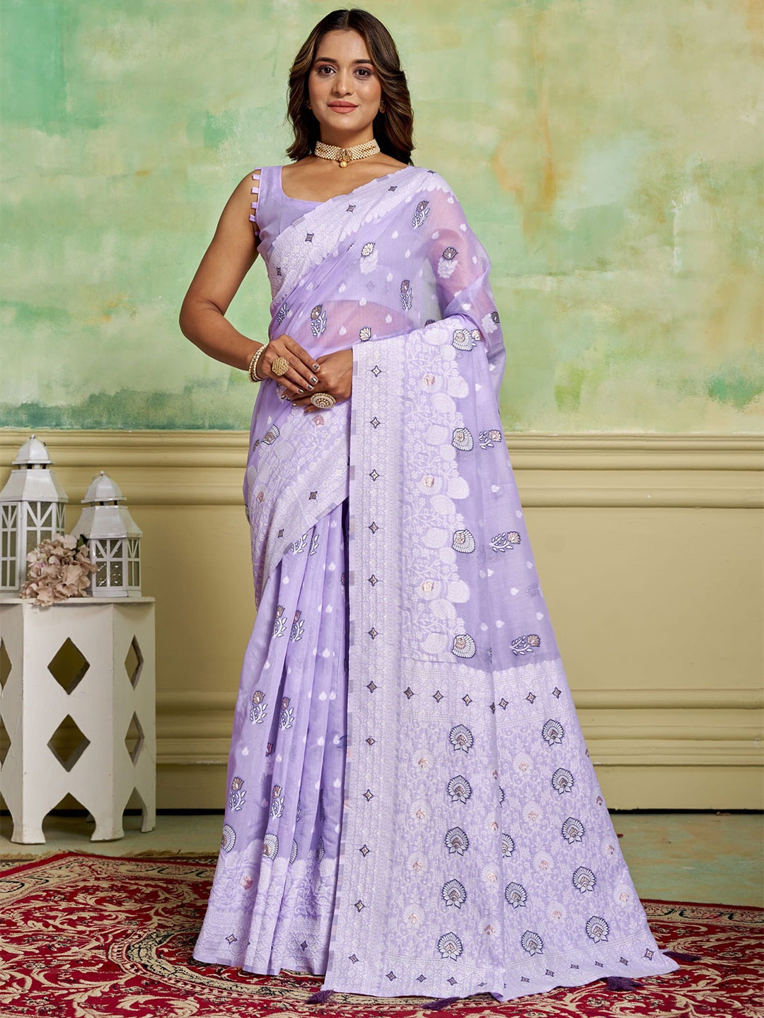 

HI FI NX Ethnic Motifs Zari Pure Cotton Heavy Work Banarasi Saree, Lavender