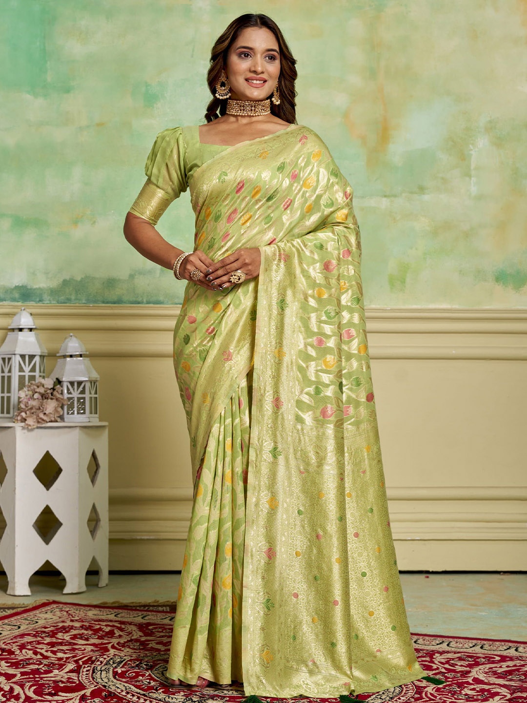 

HI FI NX Woven Design Zari Pure Cotton Banarasi Saree, Green