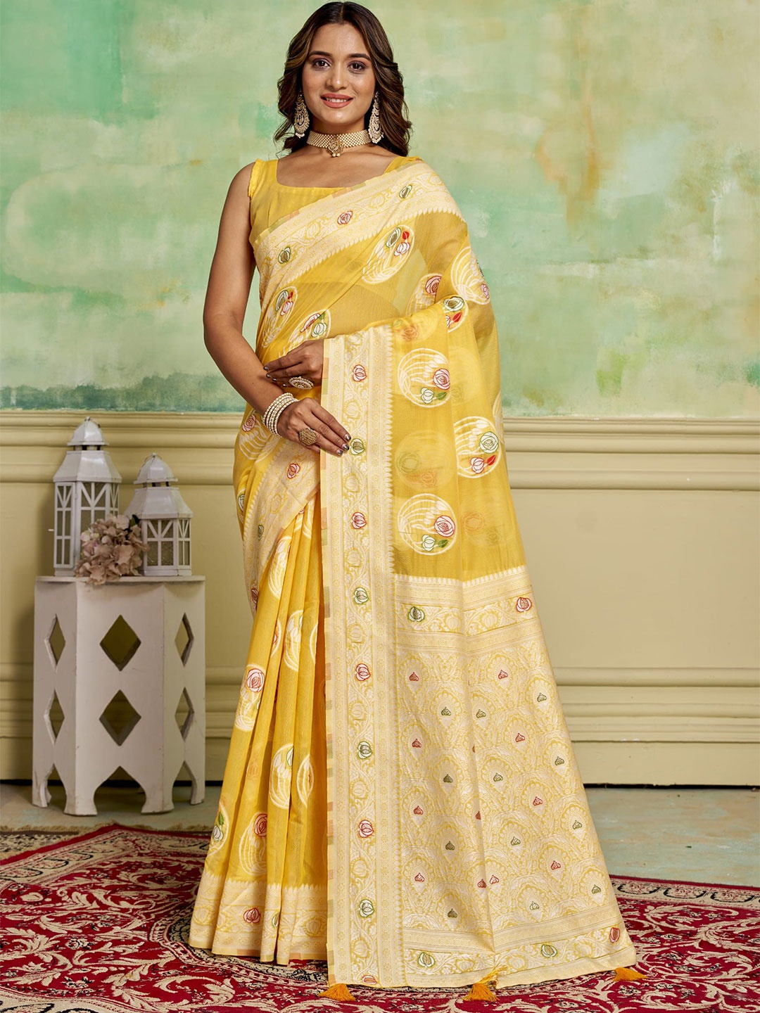 

HI FI NX Woven Design Zari Pure Cotton Banarasi Saree, Yellow