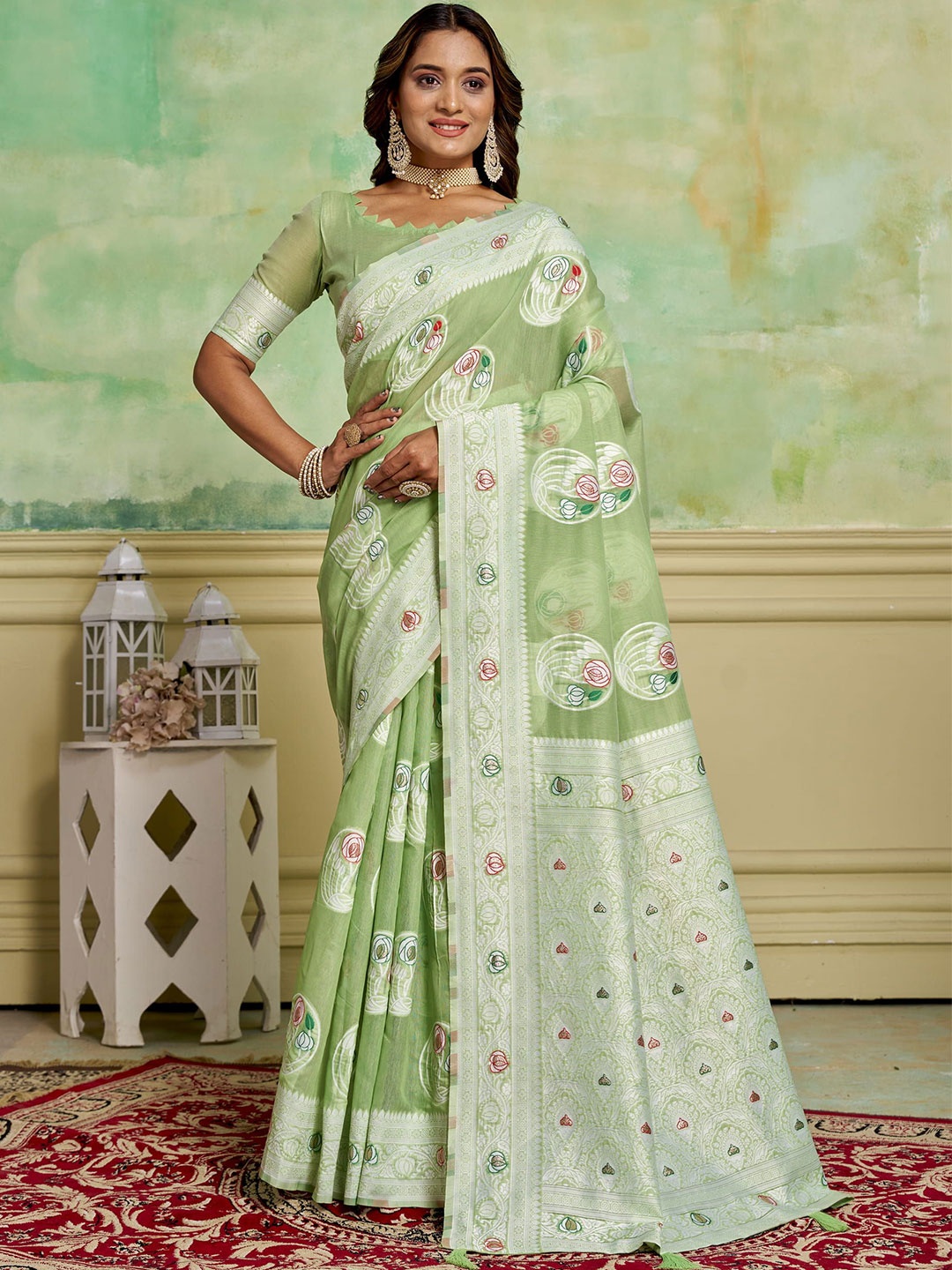 

HI FI NX Woven Design Zari Pure Cotton Banarasi Saree, Green