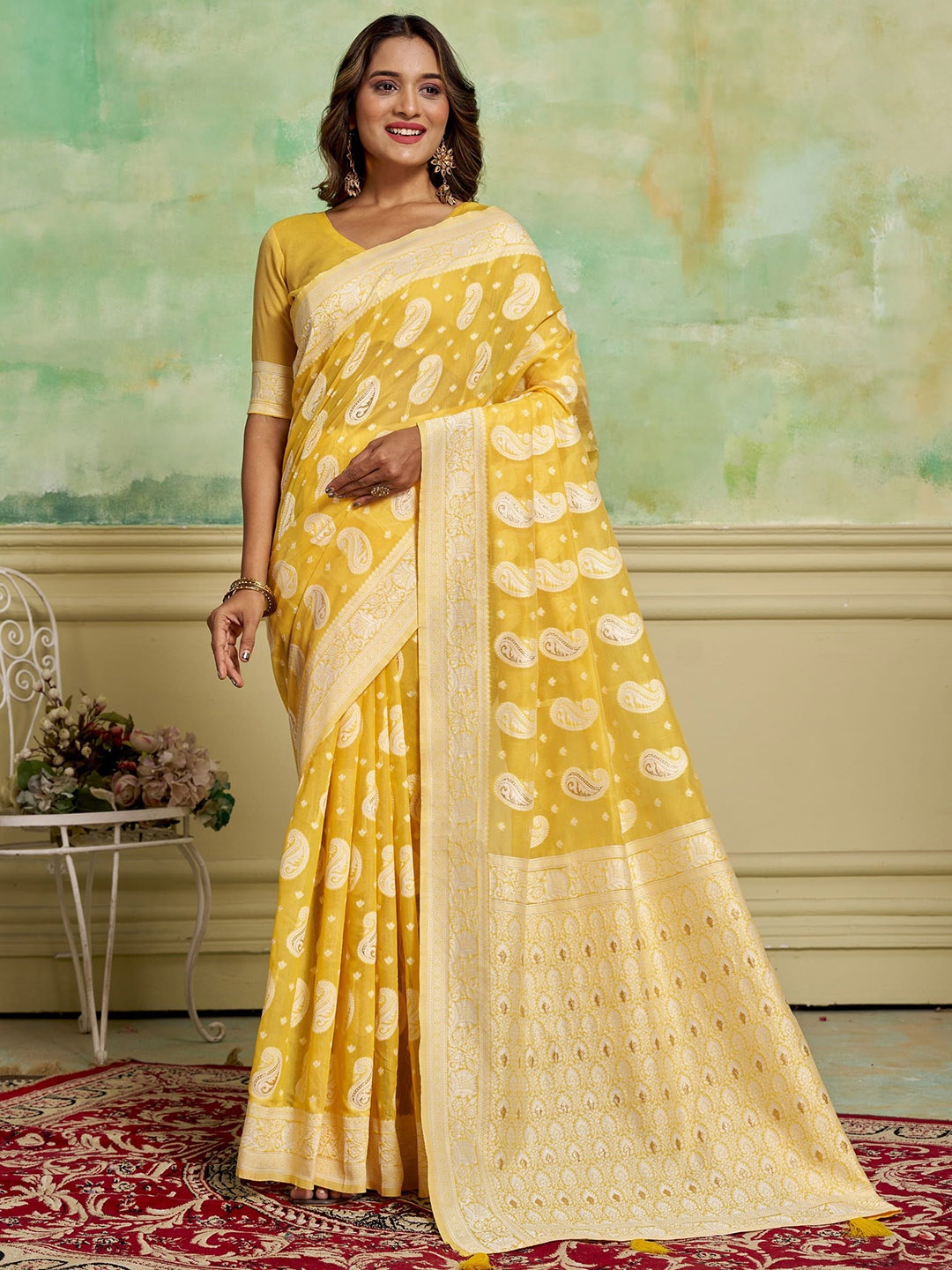 

HI FI NX Woven Design Zari Pure Cotton Banarasi Saree, Yellow