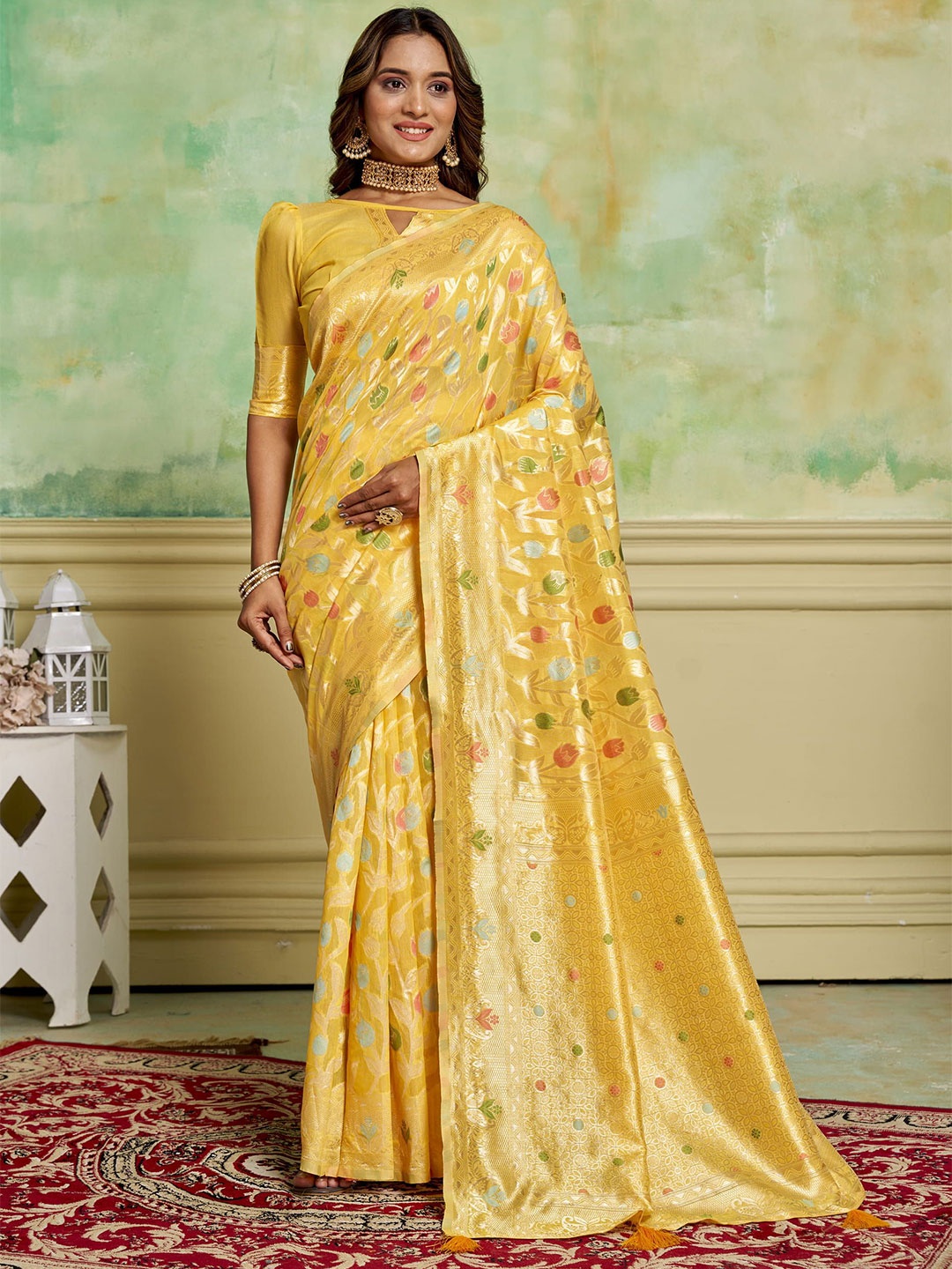 

HI FI NX Woven Design Zari Pure Cotton Banarasi Saree, Yellow