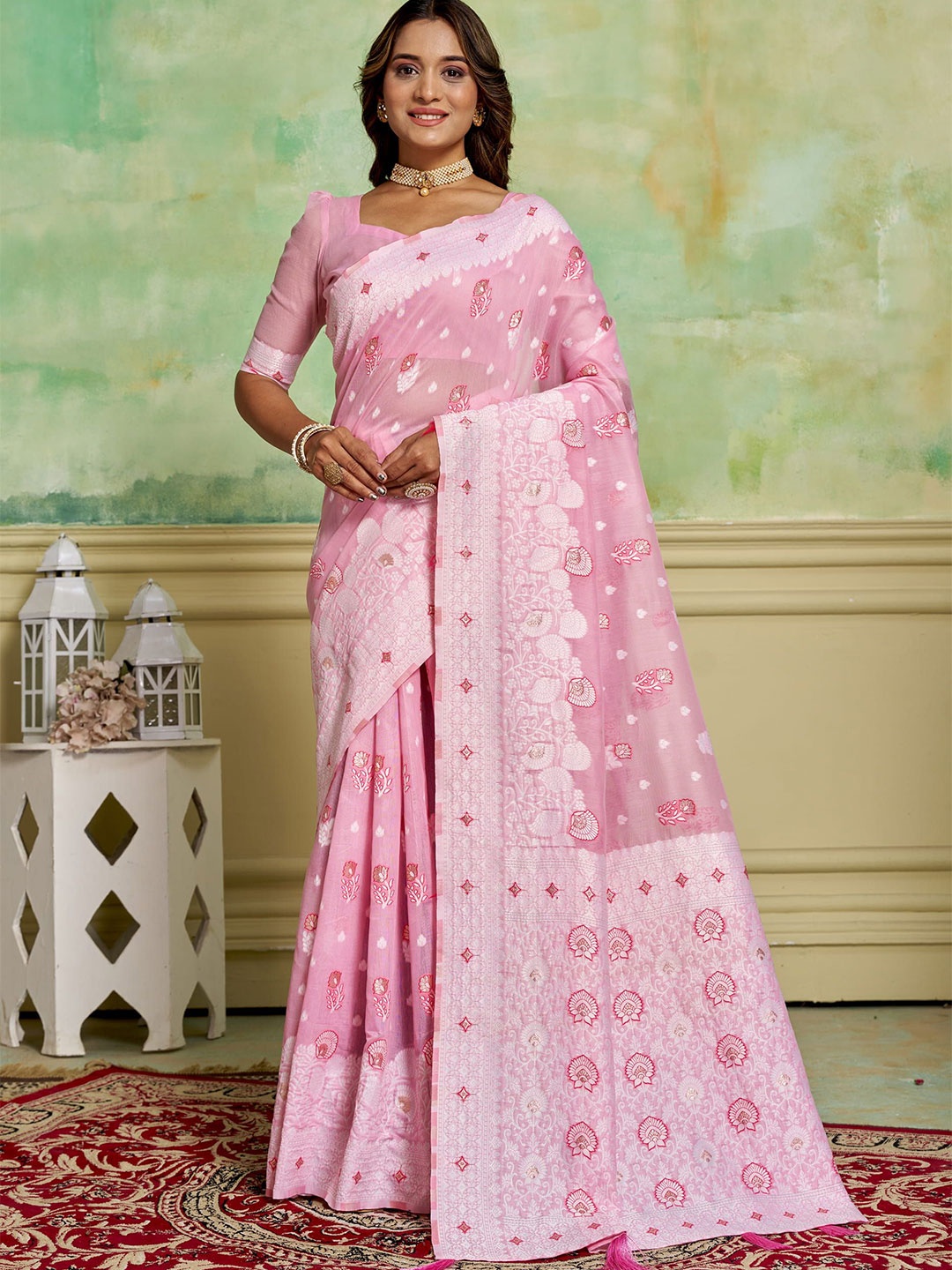 

HI FI NX Woven Design Pure Cotton Banarasi Saree, Pink