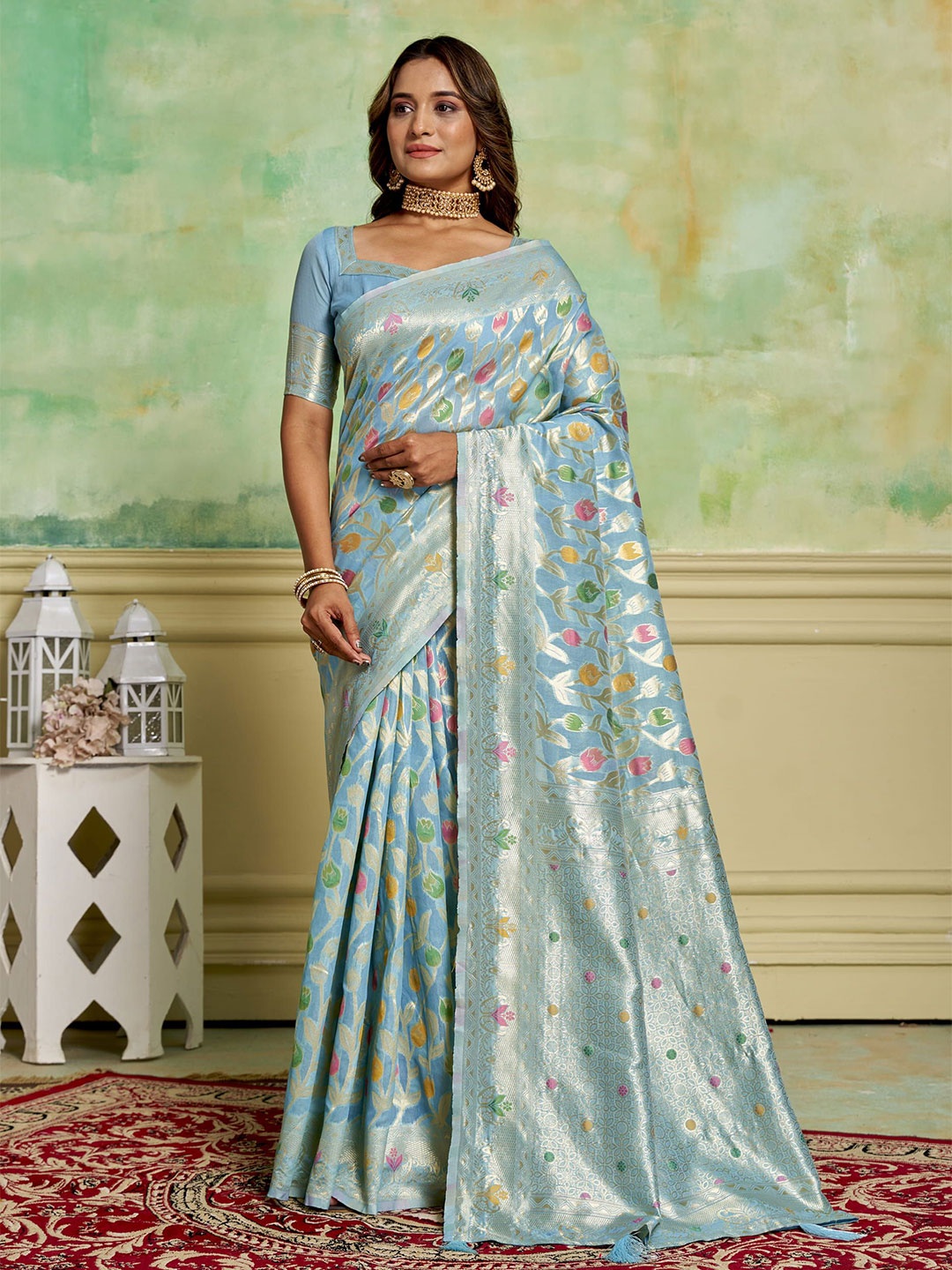 

HI FI NX Woven Design Zari Pure Cotton Banarasi Saree, Turquoise blue