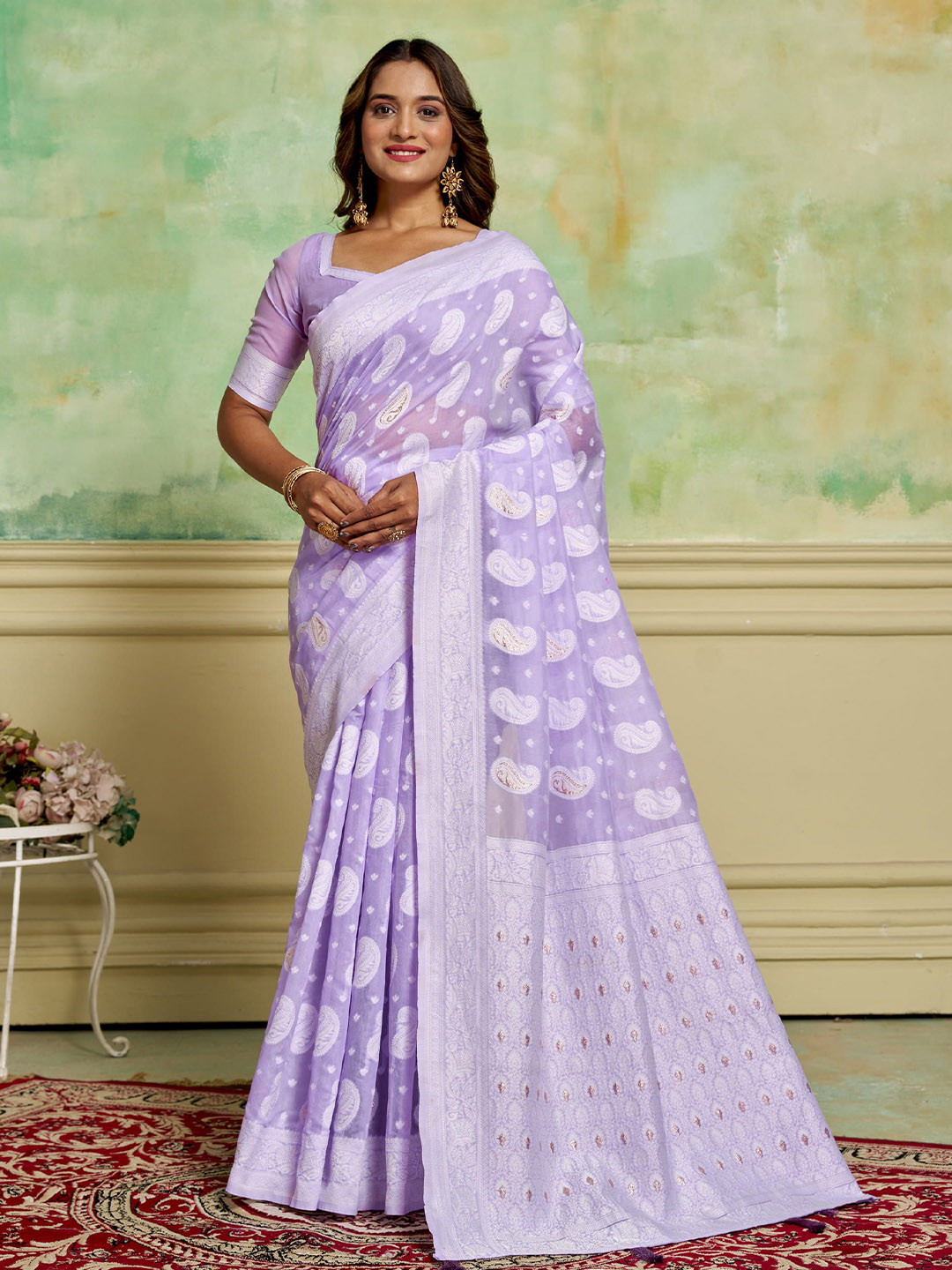 

HI FI NX Woven Design Zari Pure Cotton Banarasi Saree, Lavender