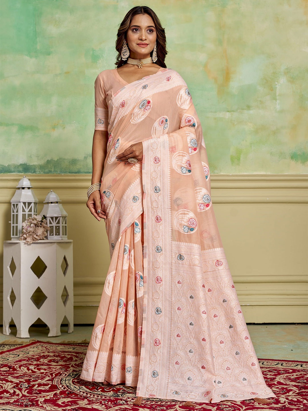 

HI FI NX Woven Design Zari Pure Cotton Banarasi Saree, Peach