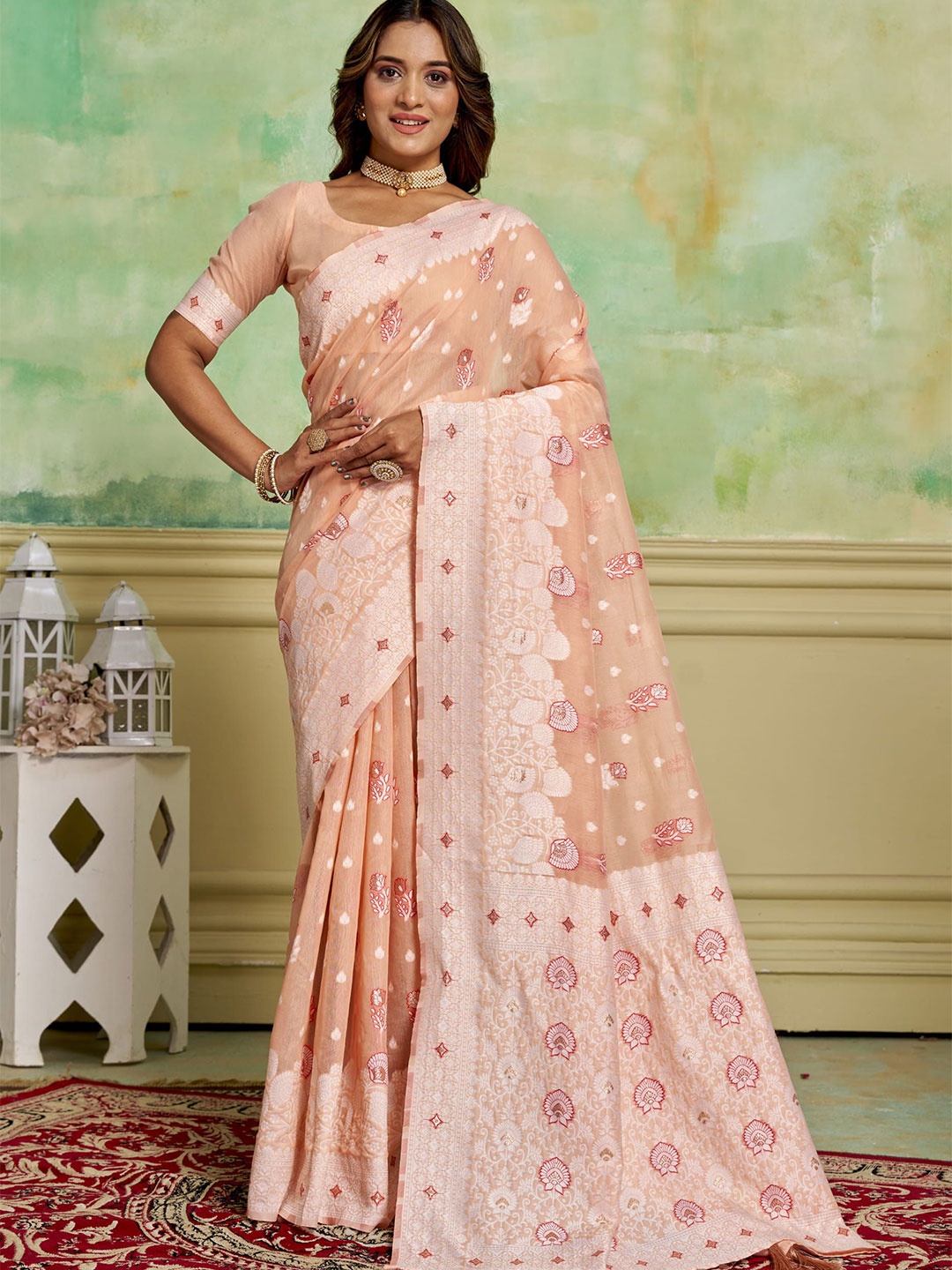 

HI FI NX Woven Design Zari Pure Cotton Banarasi Saree, Peach