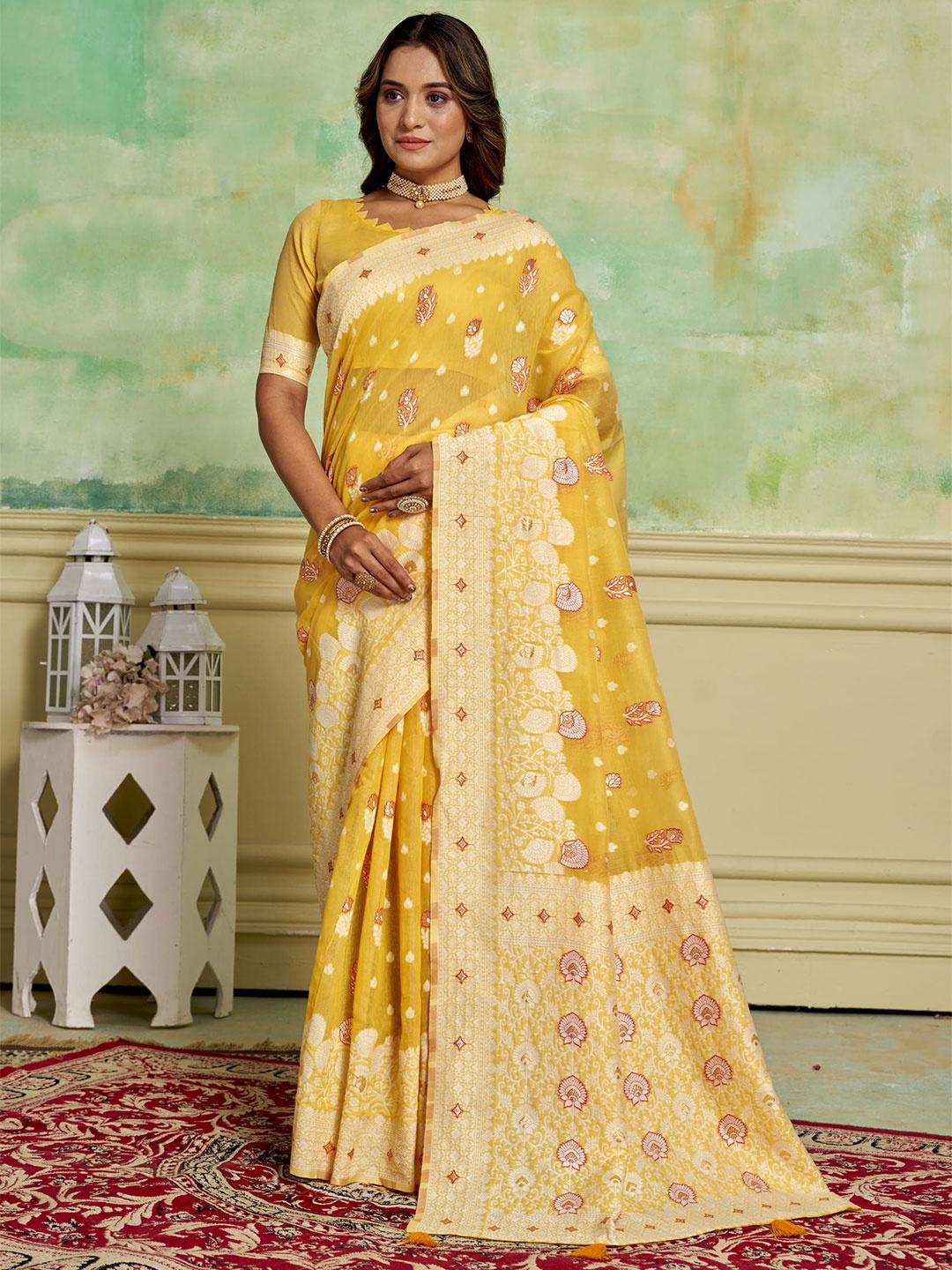 

HI FI NX Ethnic Motifs Zari Pure Cotton Banarasi Saree, Yellow
