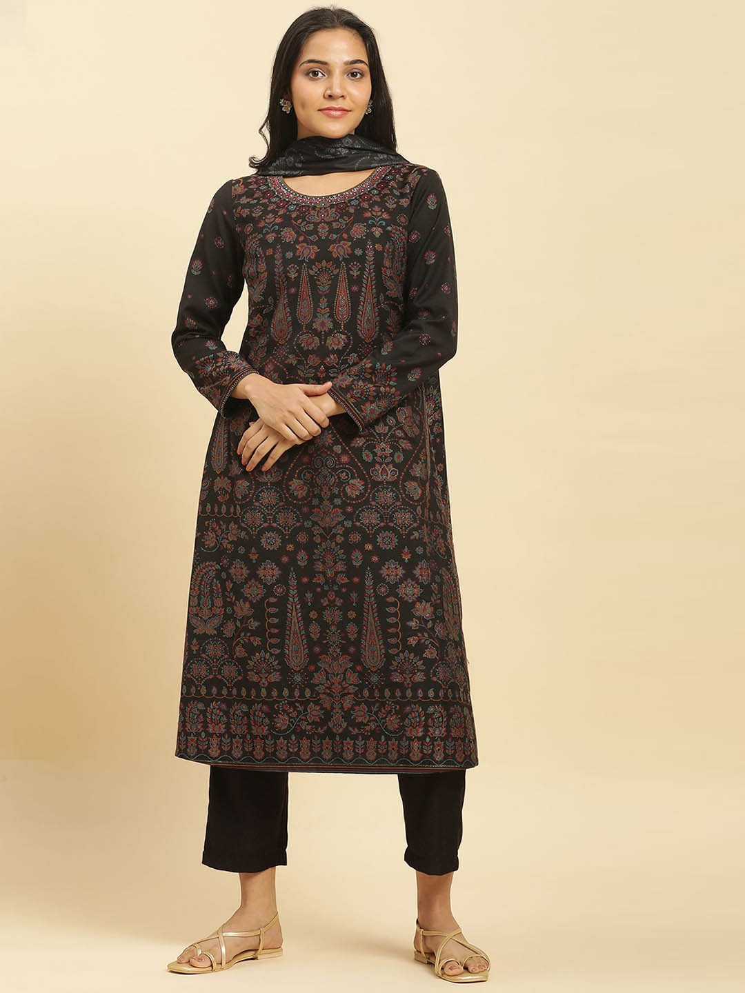 

W Black Ethnic Motifs Woven Design Regular Sequinned Straight Kurta & Trouser & Dupatta