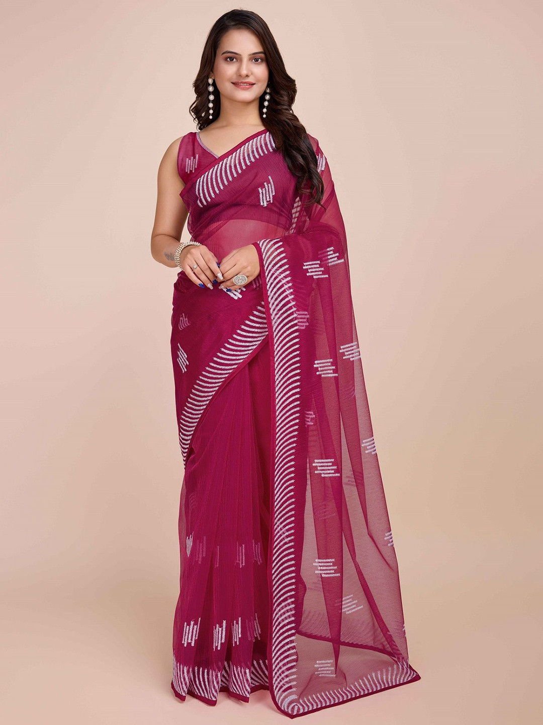 

choiceit Floral Embroidered Net Saree, Pink