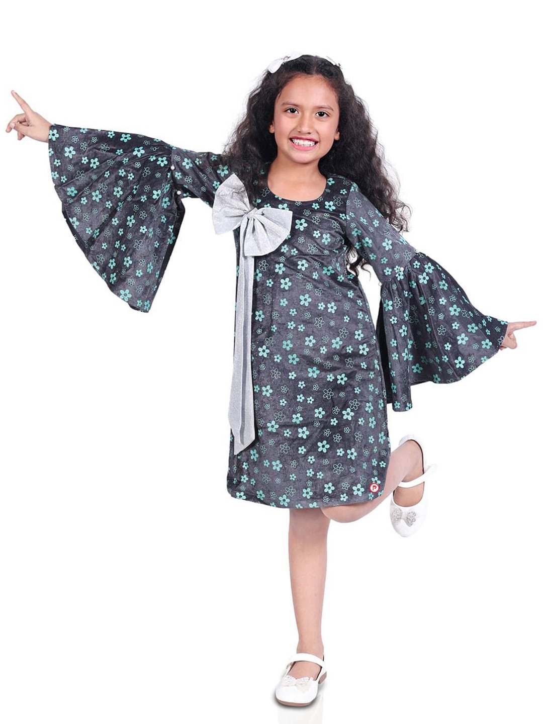 

Picco Ricco Girls Floral Printed Flared Sleeve Corduroy A-Line Dress, Grey