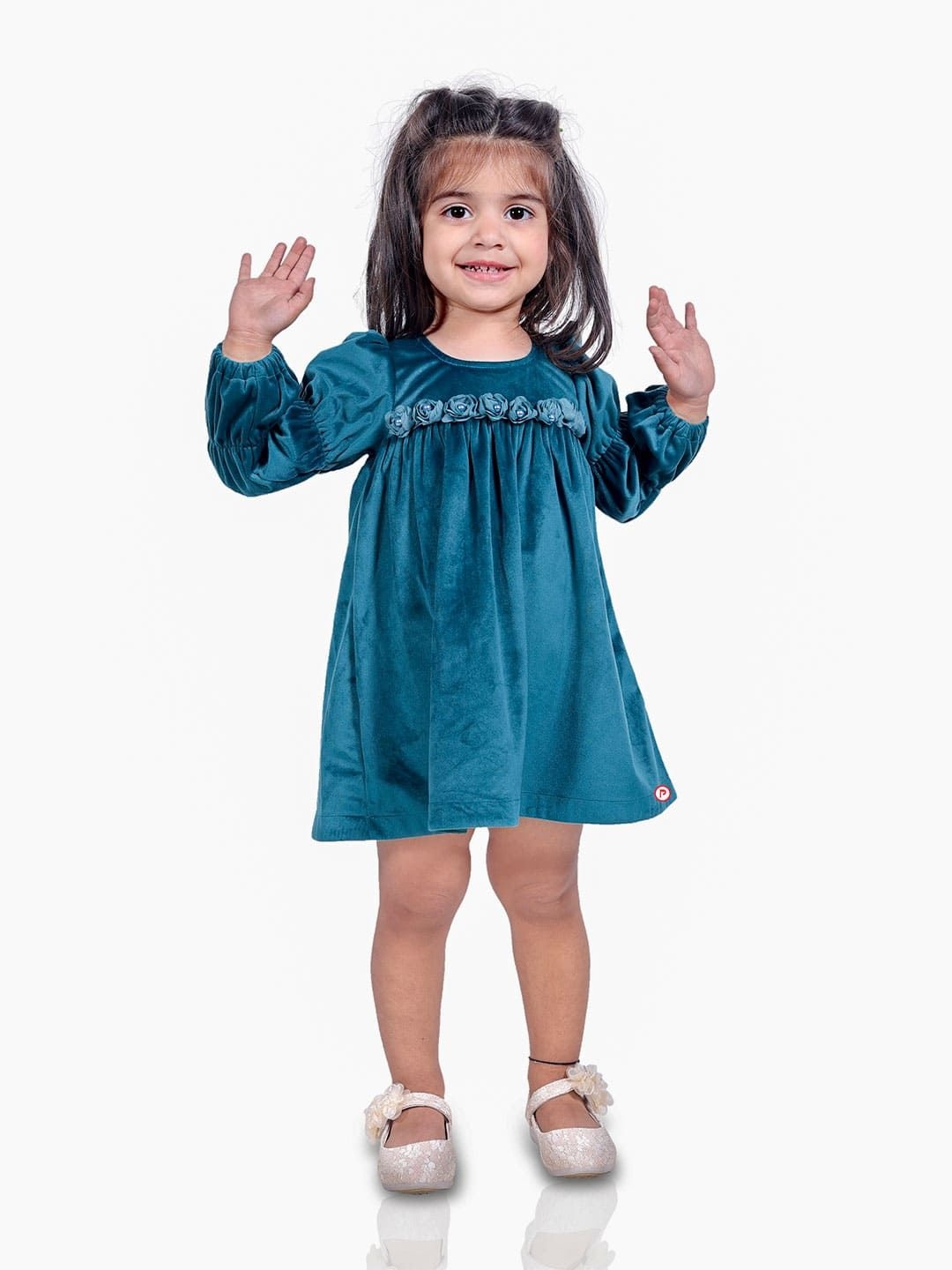 

Picco Ricco Girls Velvet A-Line Cuffed Sleeves Dress, Green
