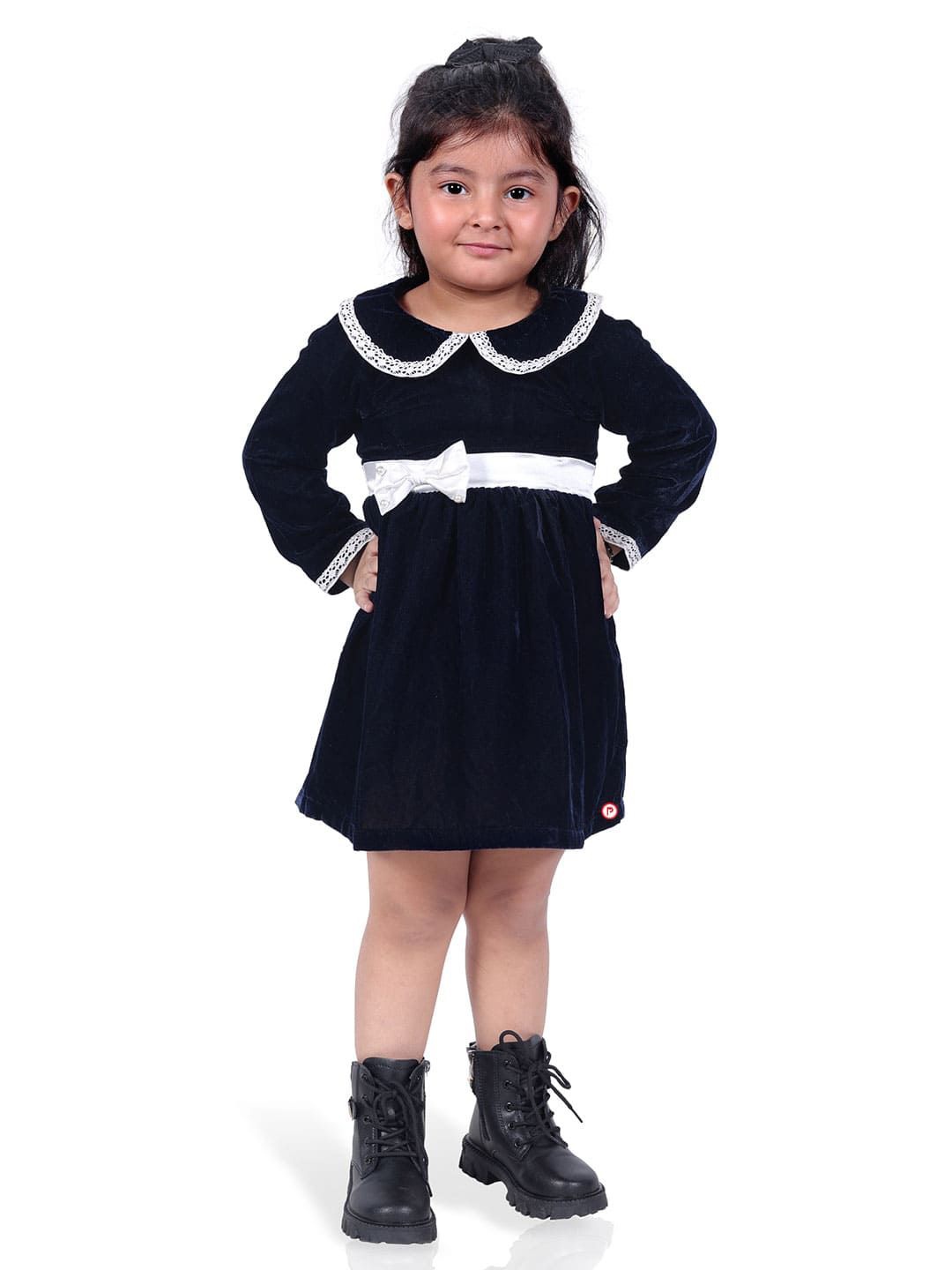 Picco Ricco Girls Peter Pan Collar Velvet A-Line Dress, Navy blue