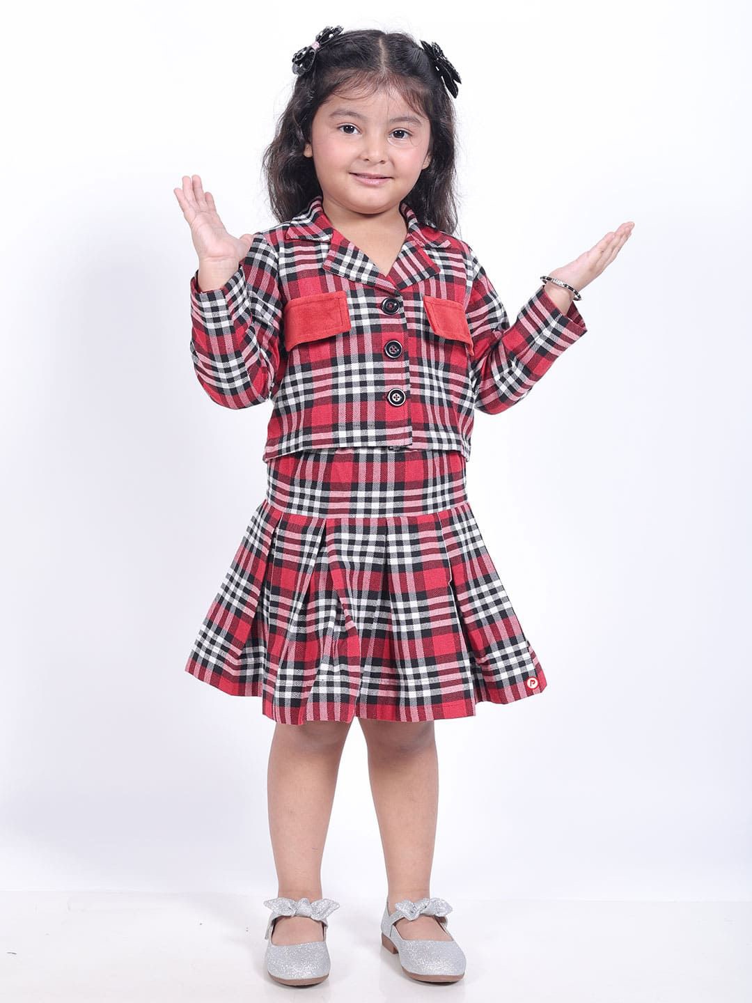 

Picco Ricco Girls Checked Velvet Blazer and Skirt Dress, Red