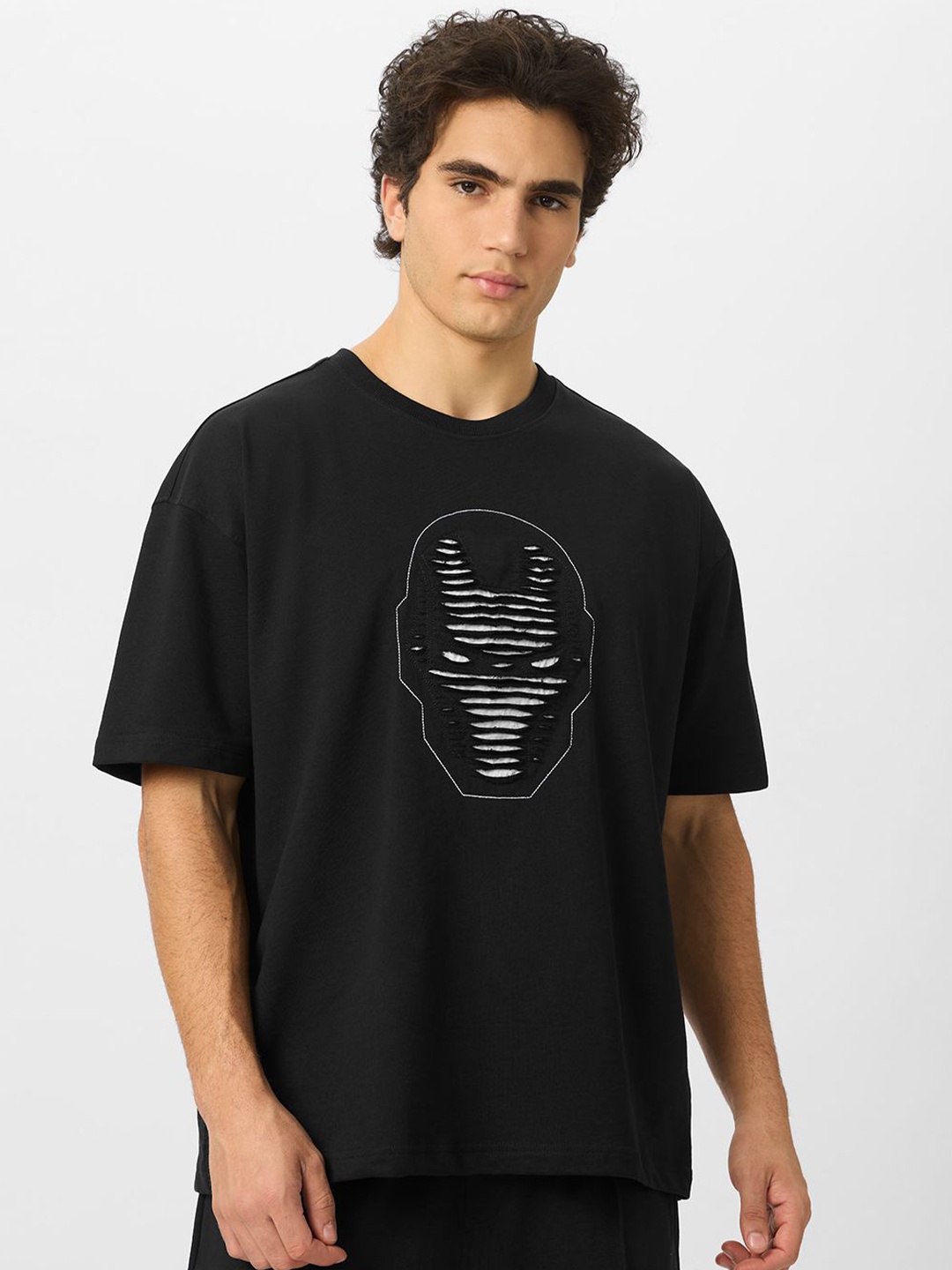 

The Souled Store Men Graphic Printed Round Neck Cotton Oversized Iron Man T-shirt, Black