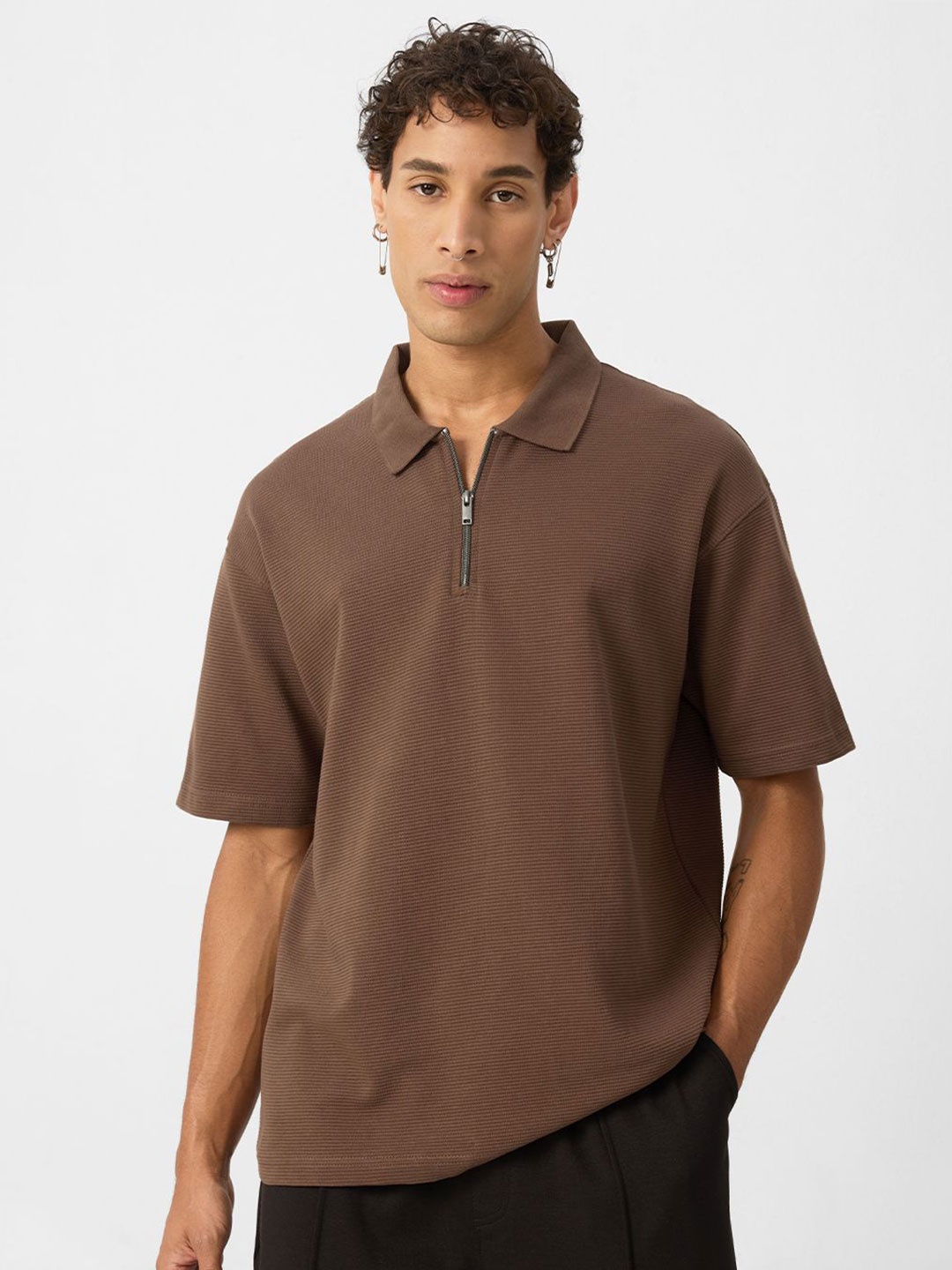 

The Souled Store Men Solid Polo Collar Cotton Oversized T-shirt, Brown