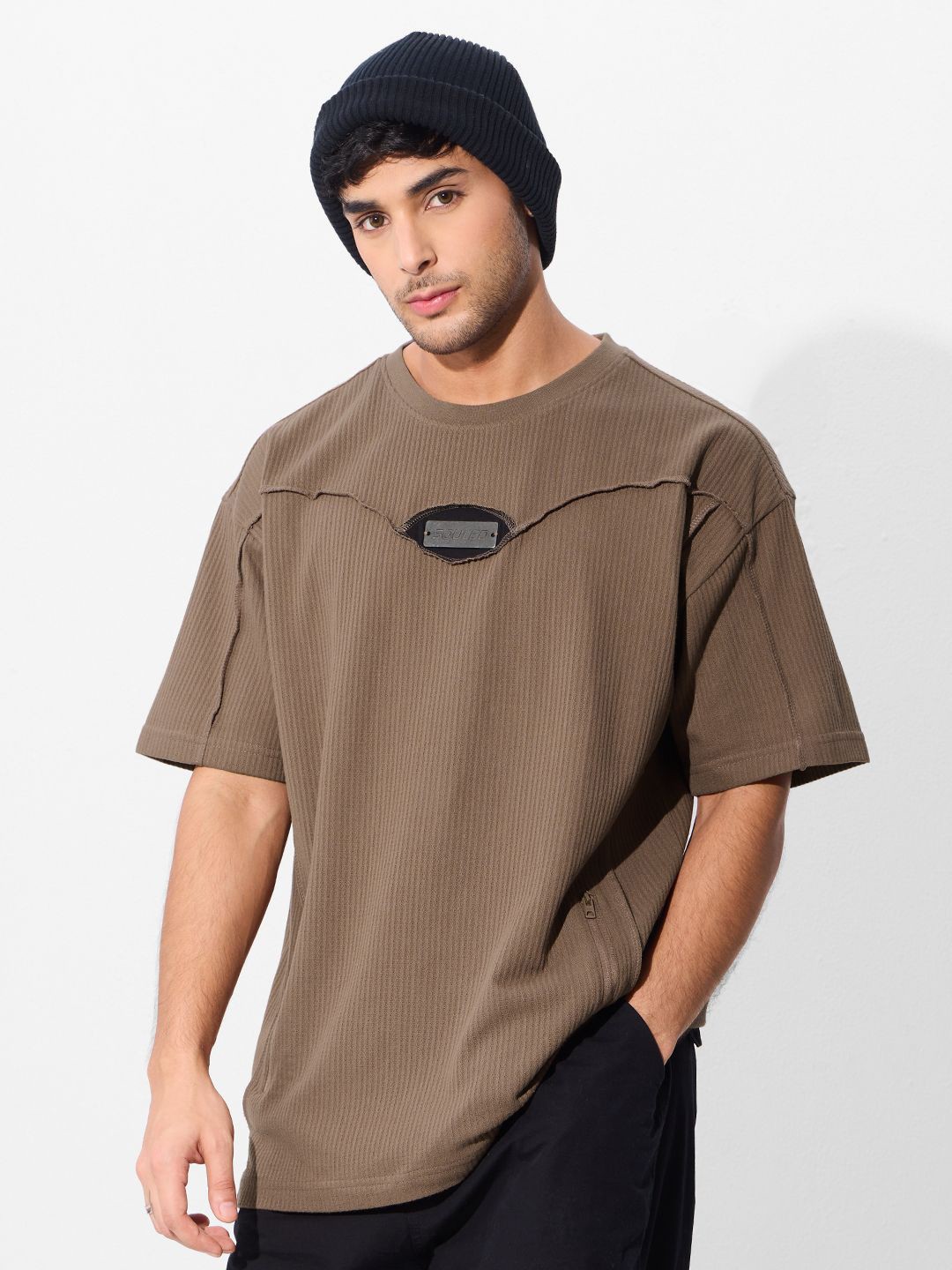 

The Souled Store Men Solid Round Neck Cotton Oversized T-shirt, Brown