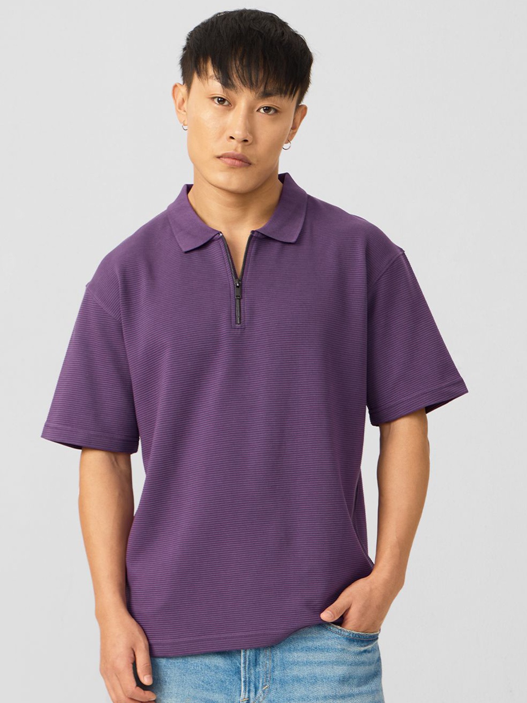 

The Souled Store Men Solid Polo Collar Cotton Relaxed Fit T-shirt, Purple
