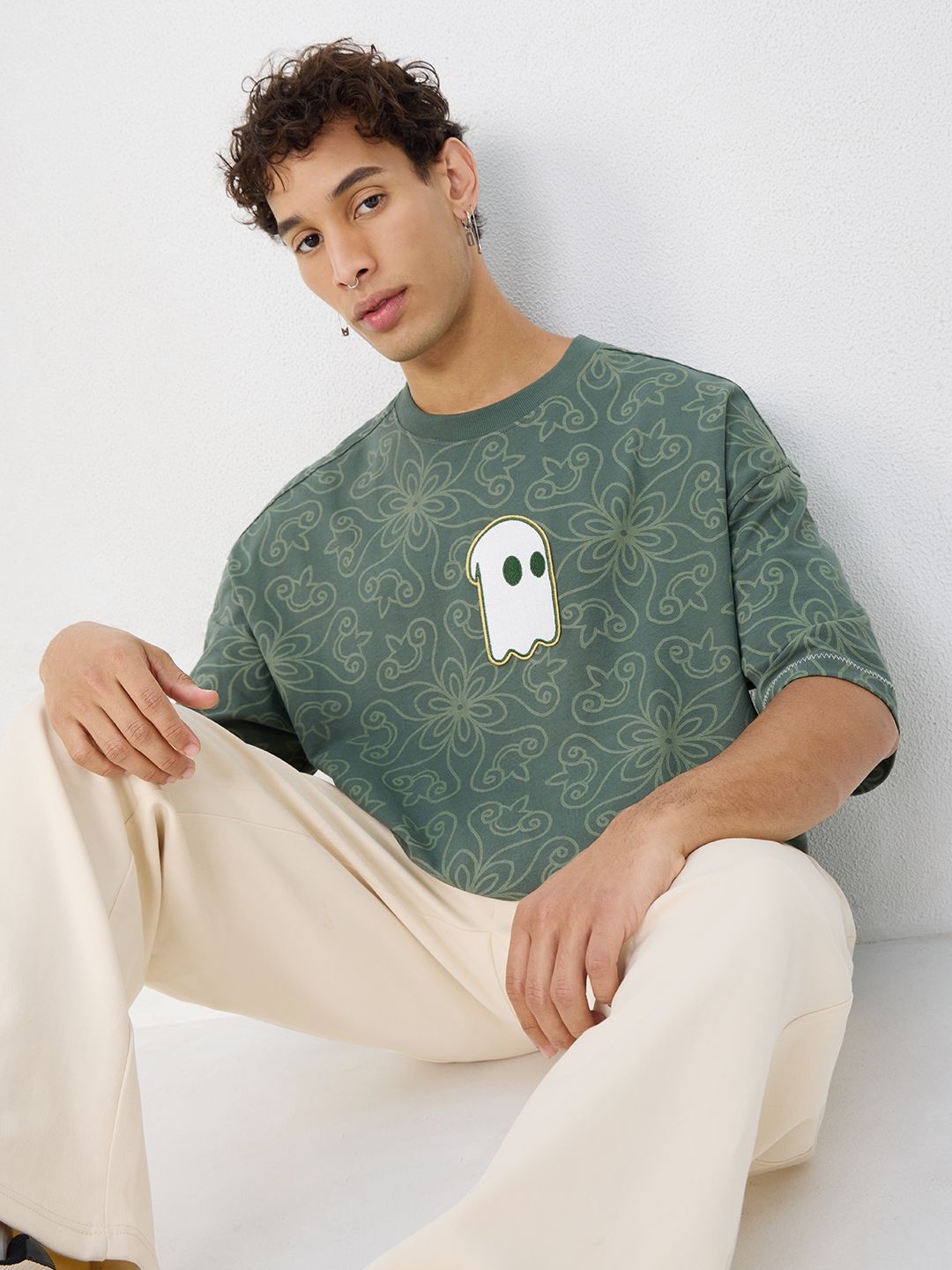 

The Souled Store Men Floral Printed Round Neck Cotton Oversized T-shirt, Green