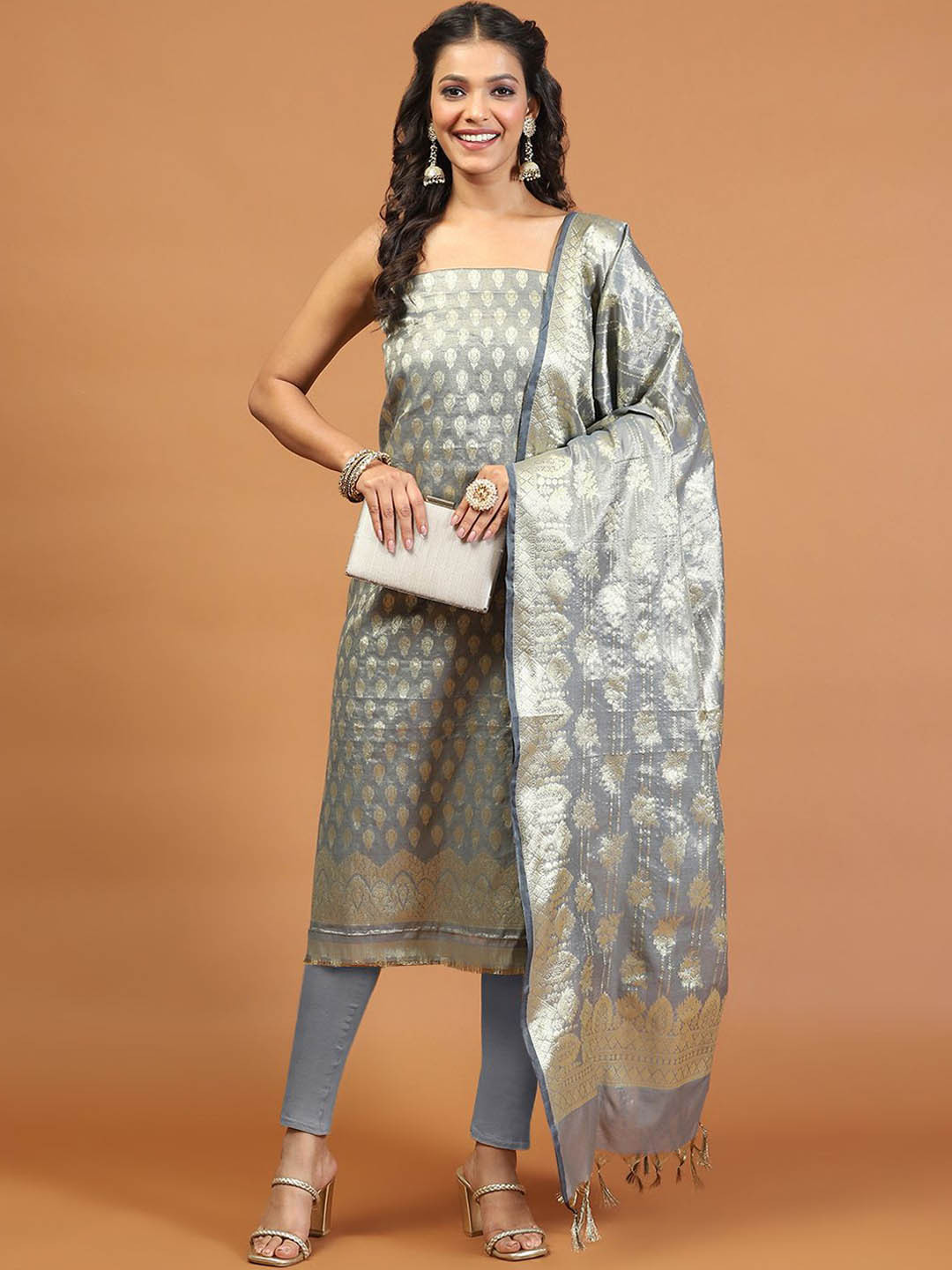 

Meena Bazaar Floral Woven Design Unstitched Dress Material, Grey