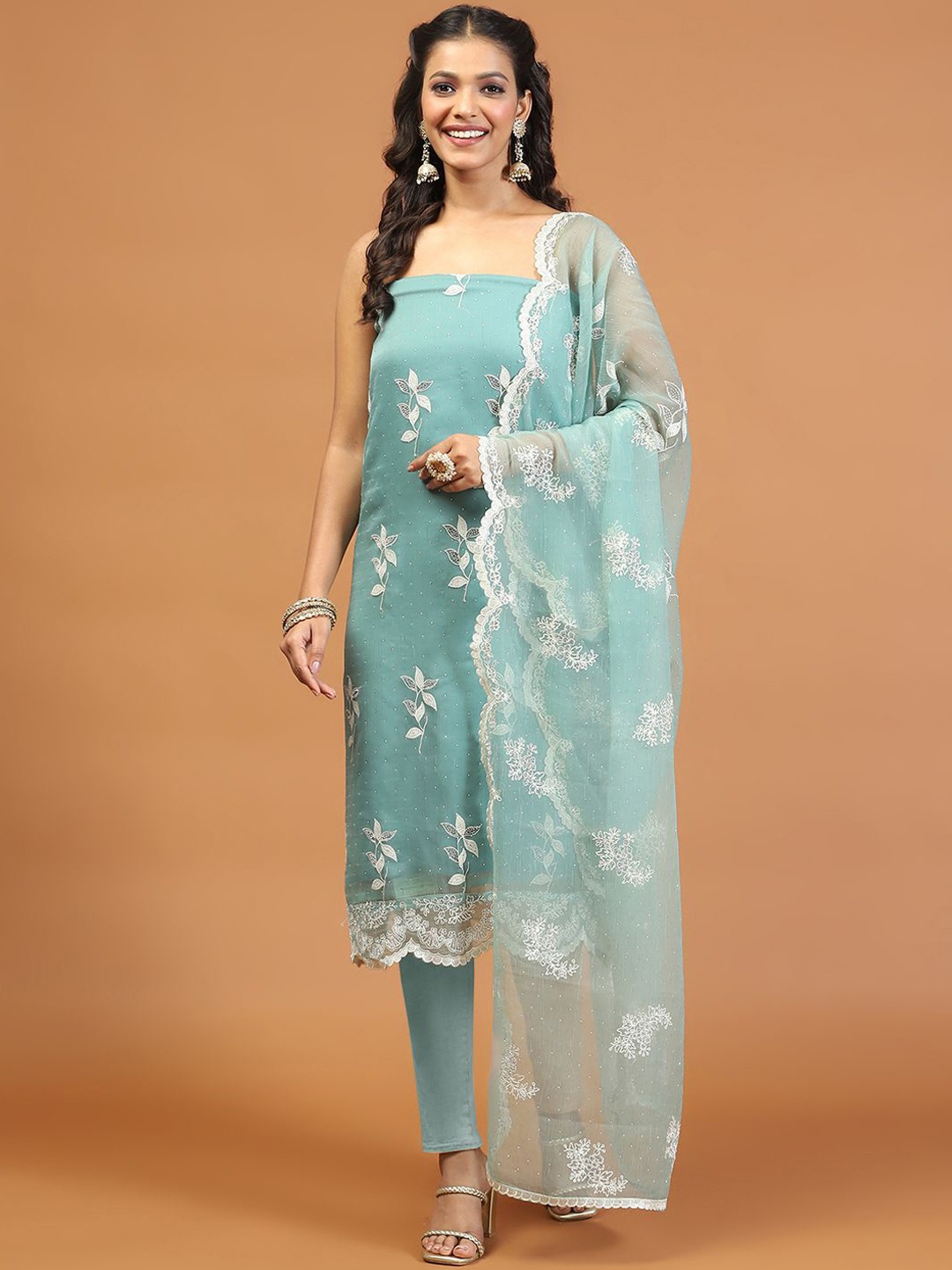 

Meena Bazaar Floral Embroidered Embellished Unstitched Dress Material, Black