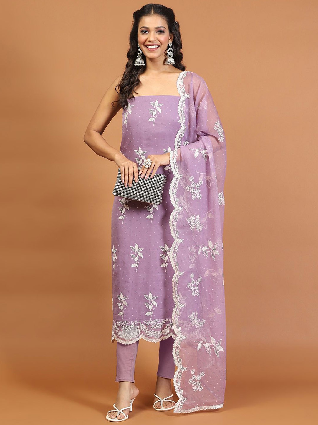 

Meena Bazaar Floral Embroidered Embellished Unstitched Dress Material, Purple