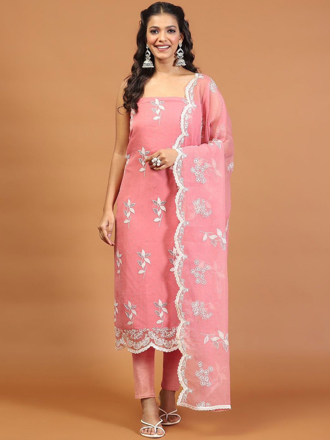 

Meena Bazaar Floral Embroidered Embellished Unstitched Dress Material, Peach