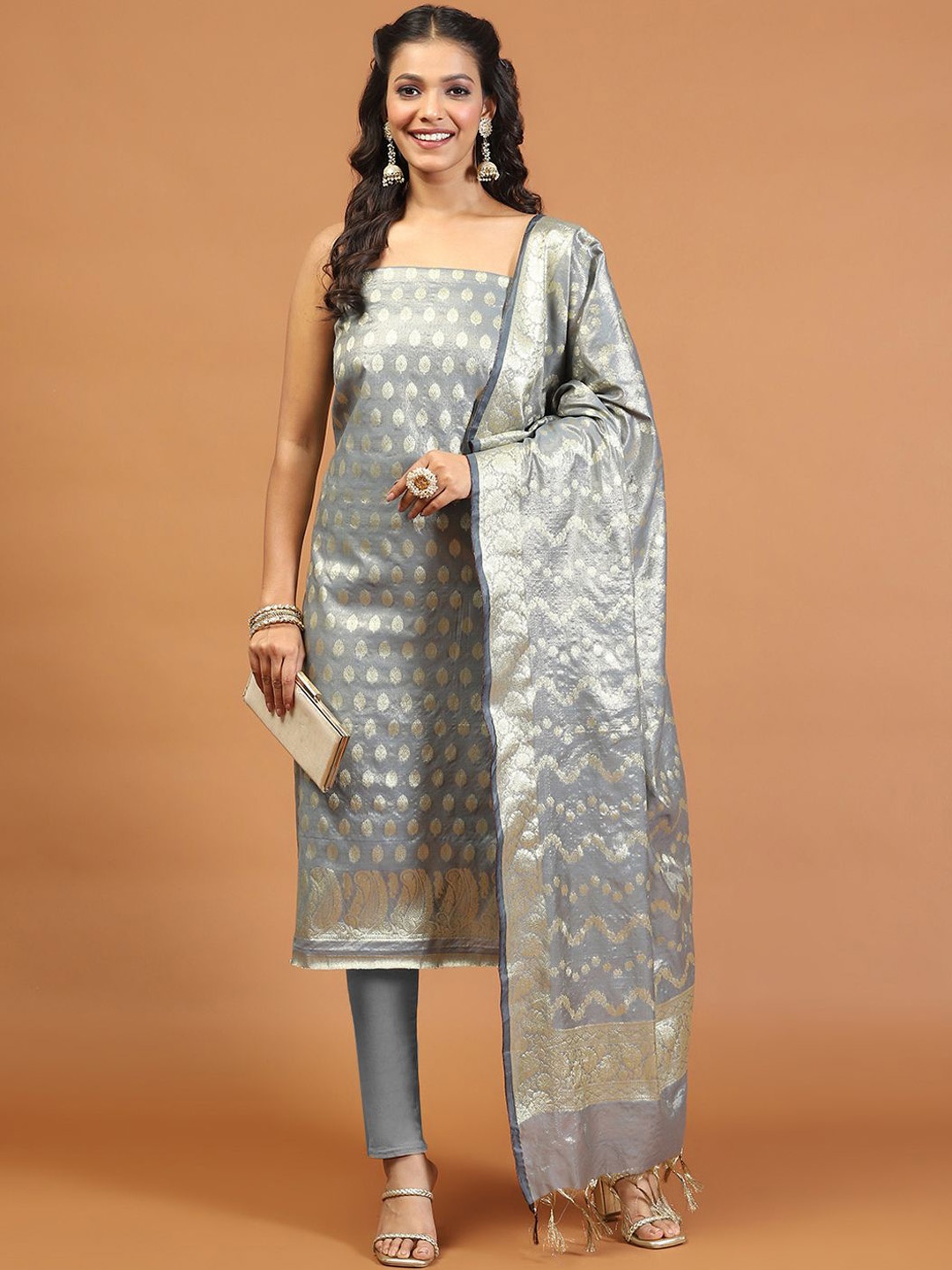 

Meena Bazaar Ethnic Motifs Woven Design Chanderi Unstitched Dress Material, Grey