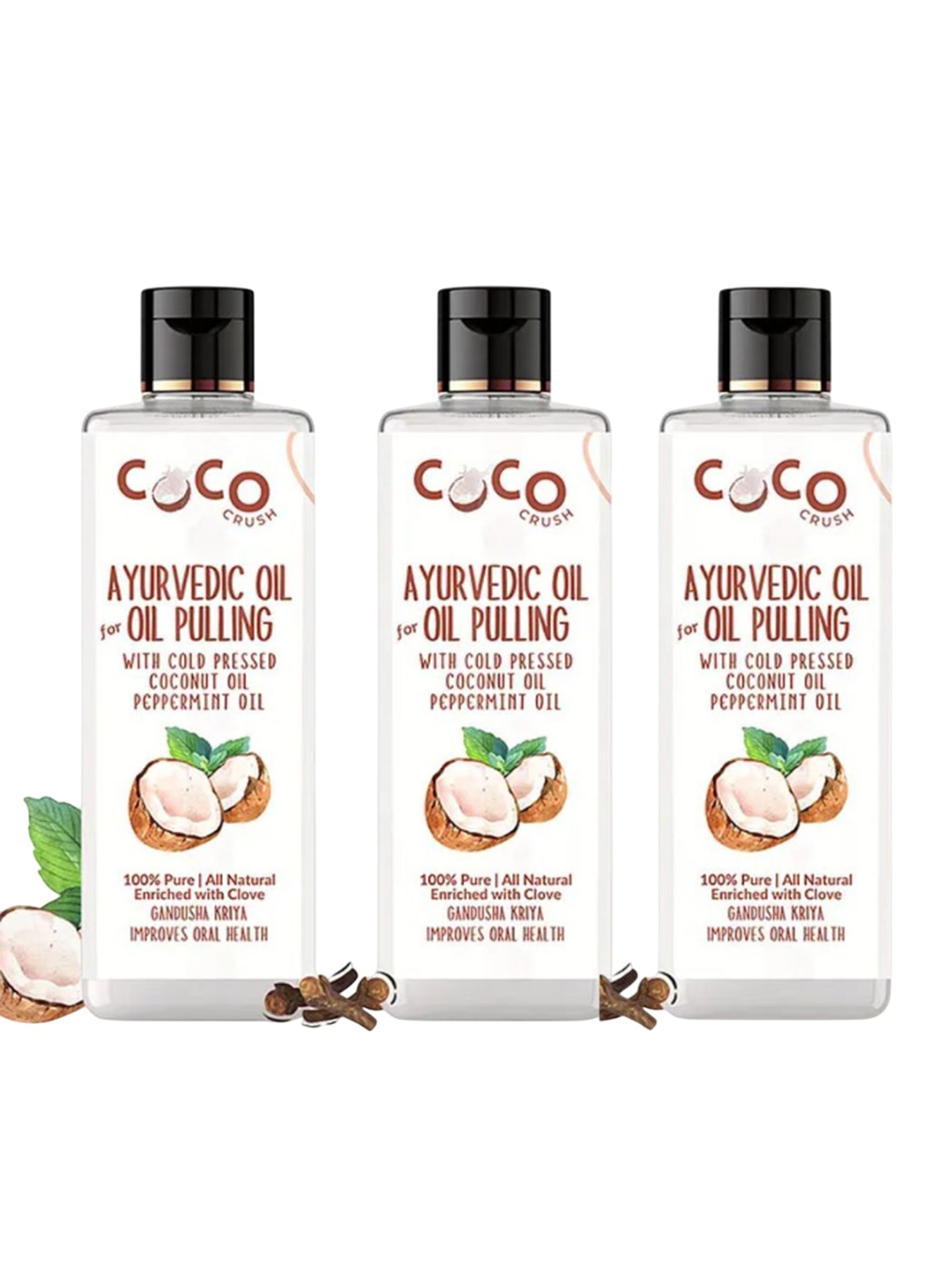 

Coco Crush Set Of 3 Ayurvedic Natural Coconut & Clove Oral Oil Pulling - 200 ml Each, Transparent