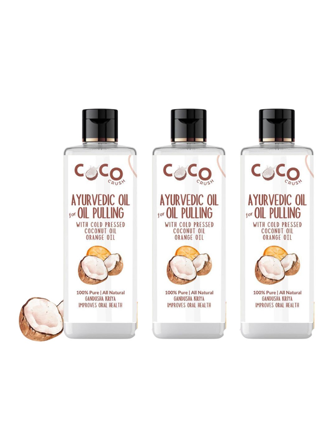 

Coco Crush Set Of 3 Ayurvedic Natural Coconut & Orange Oral Oil Pulling - 200 ml Each, Transparent