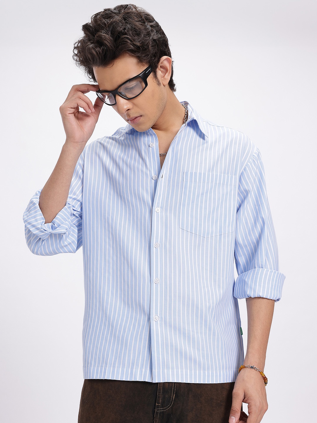 

glitchez Stripe Zone Bengal Stripes Pocket Detail Shirt, Blue