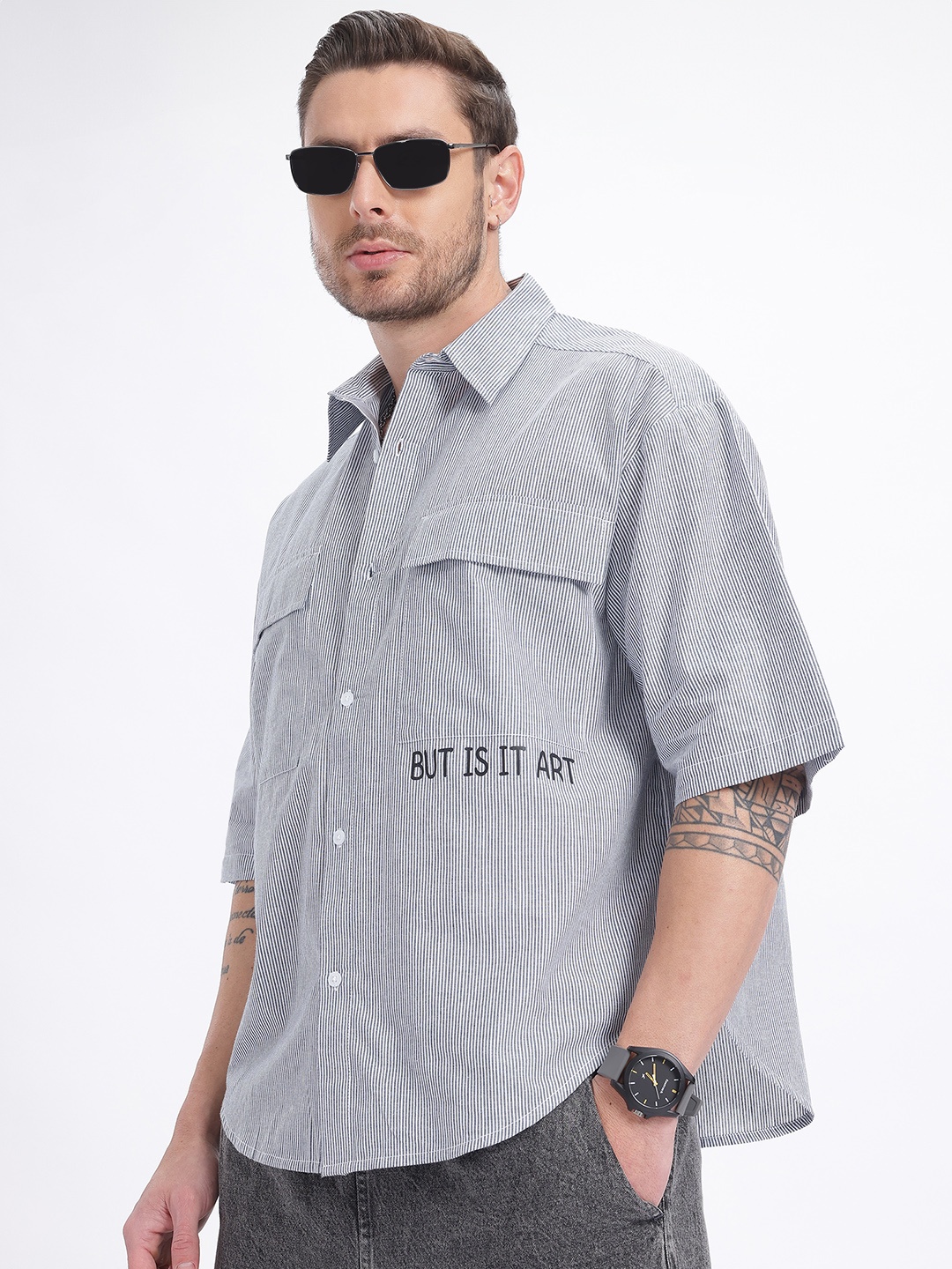 

glitchez Pinstriped Core Flap Pocketed Relaxed Shirt, Navy blue