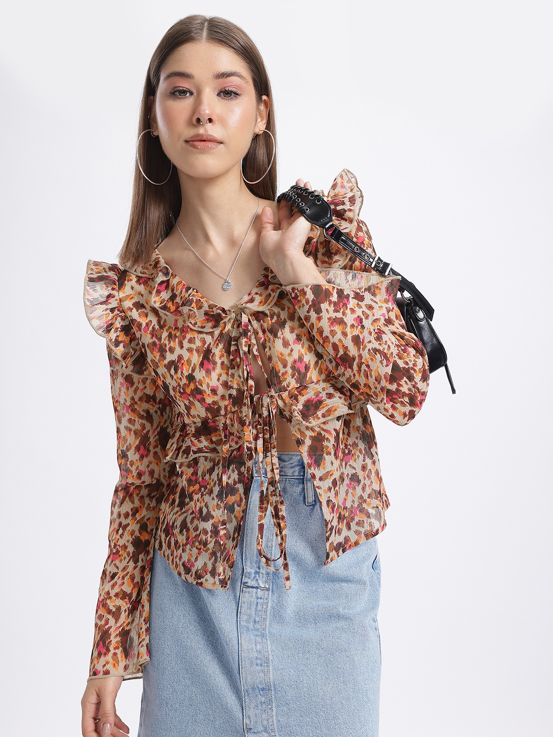 

glitchez Spotted Edge Animal Print Tie-Up Detail Top, Beige