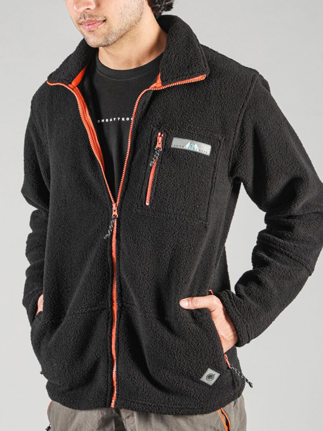 

BOMBAY TROOPER Men Mock Collar Solid Fleece Casual Tailored Jacket, Black