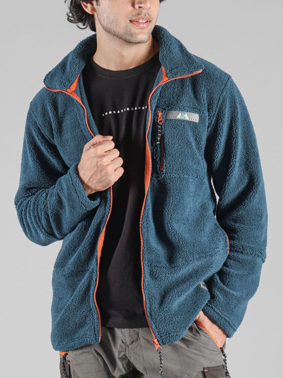 

BOMBAY TROOPER Men Mock Collar Solid Fleece Casual Tailored Jacket, Teal