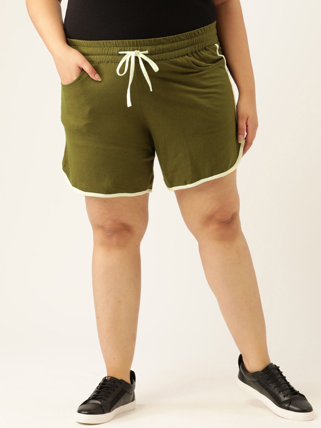 

theRebelinme Women Cotton Colourblocked High-Rise Technology Shorts, Olive