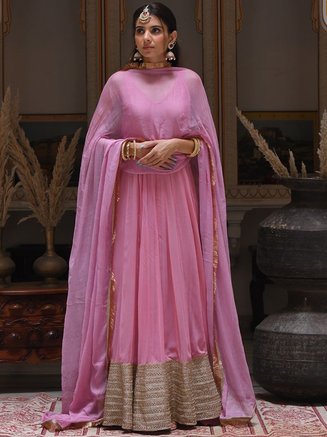

MAHUKAA V Neck Anarkali Dress Width Dupatta, Pink