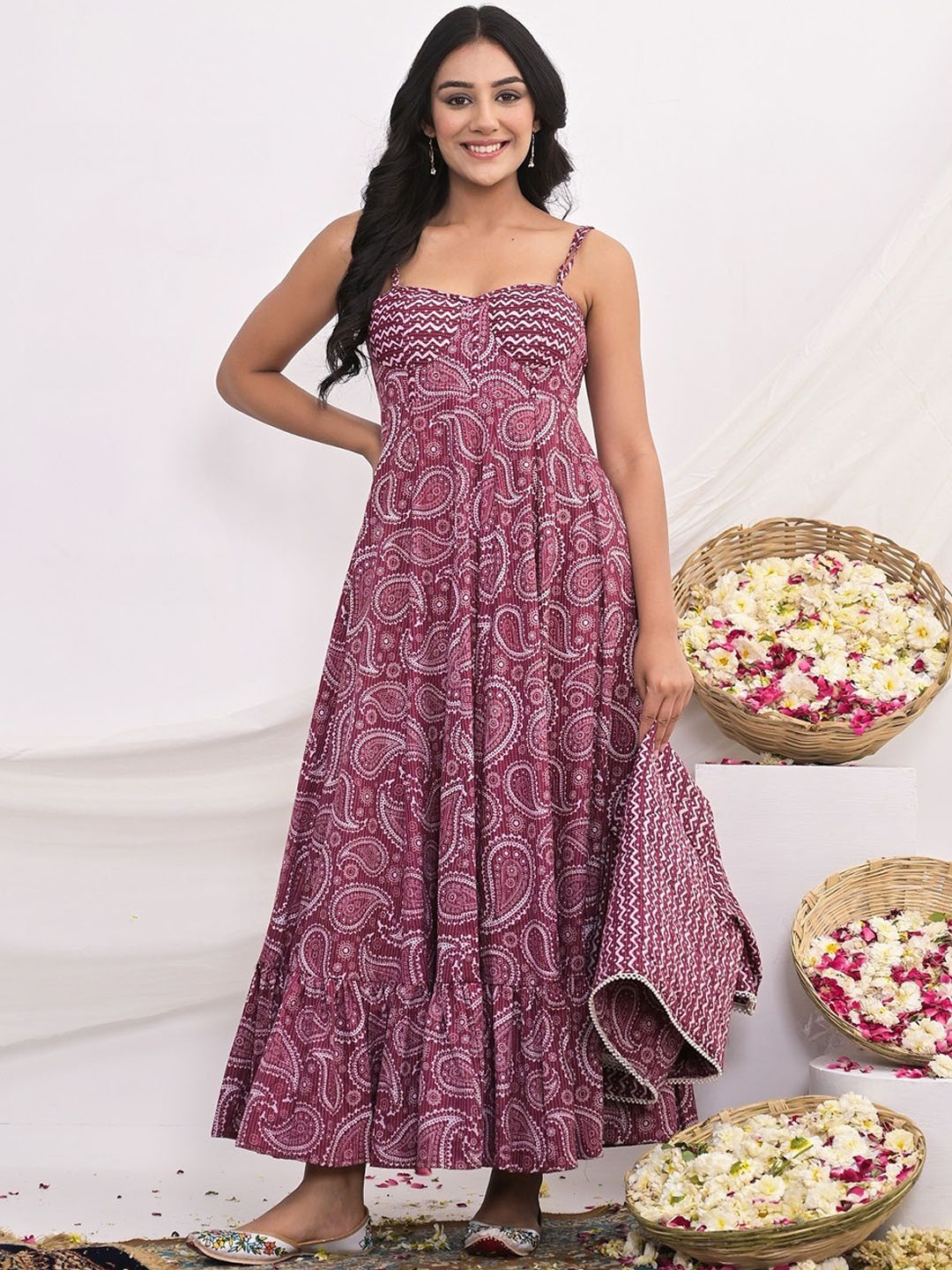 

MAHUKAA Cotton Katha Sanganeri Printed Flared Dress With Jacket, Pink