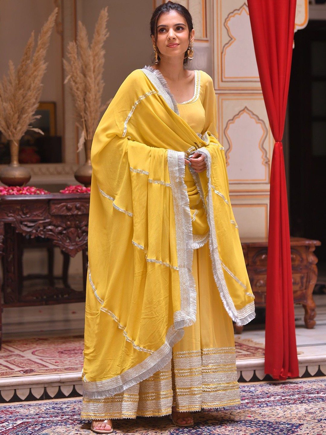 

MAHUKAA Gotta Patti Lace Georgette Anarkali with Trousers And Dupatta, Yellow