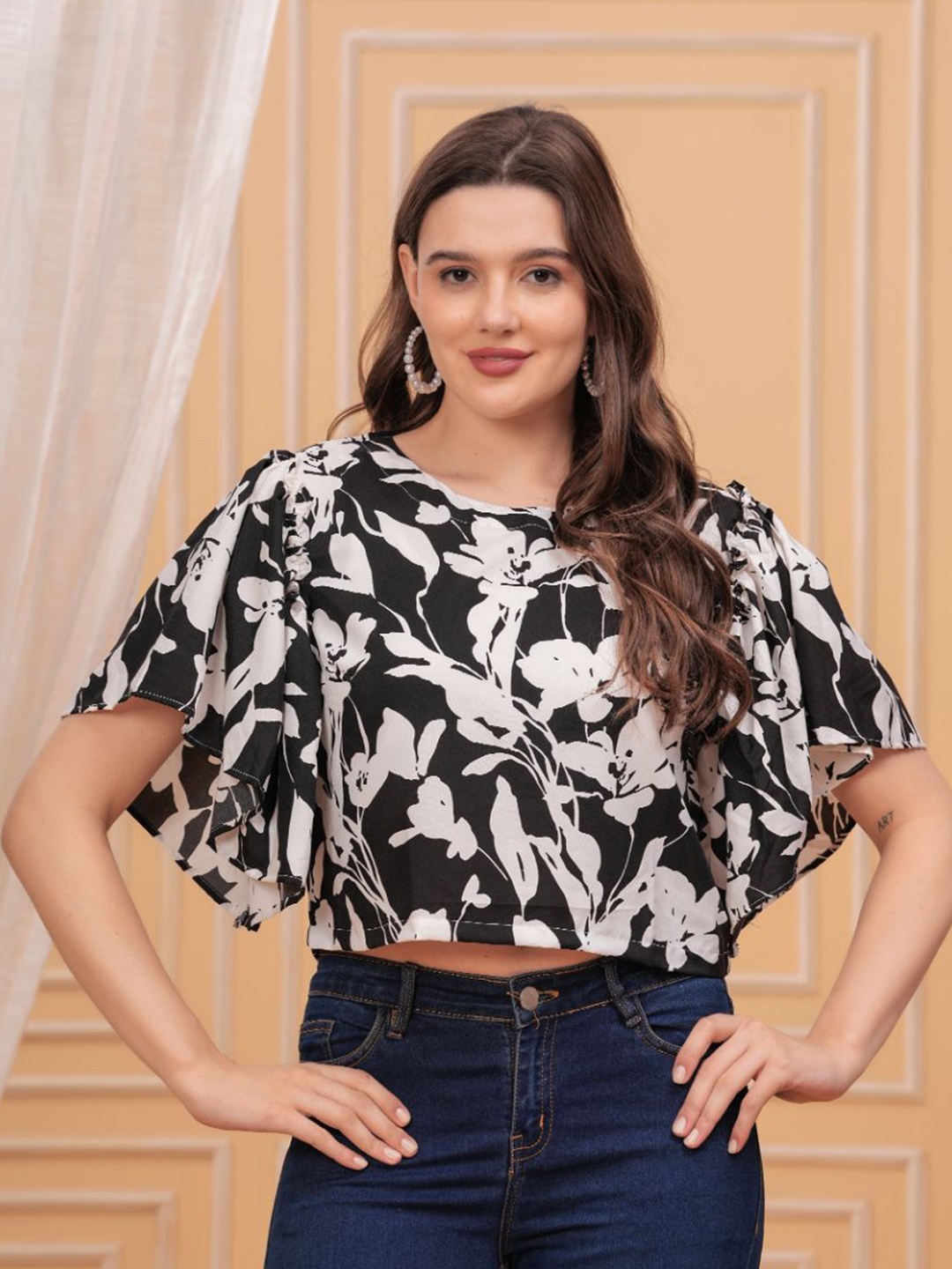 

KALINI Women Floral Printed Flared Sleeve Crop Top, Black