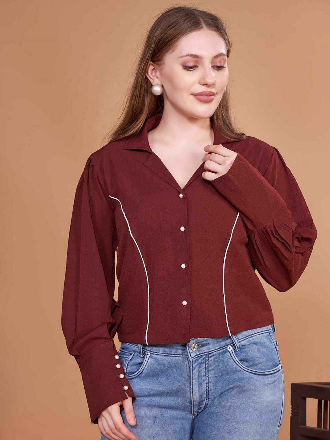 

choiceit Lapel Collar Shirt Style Crop Top, Maroon