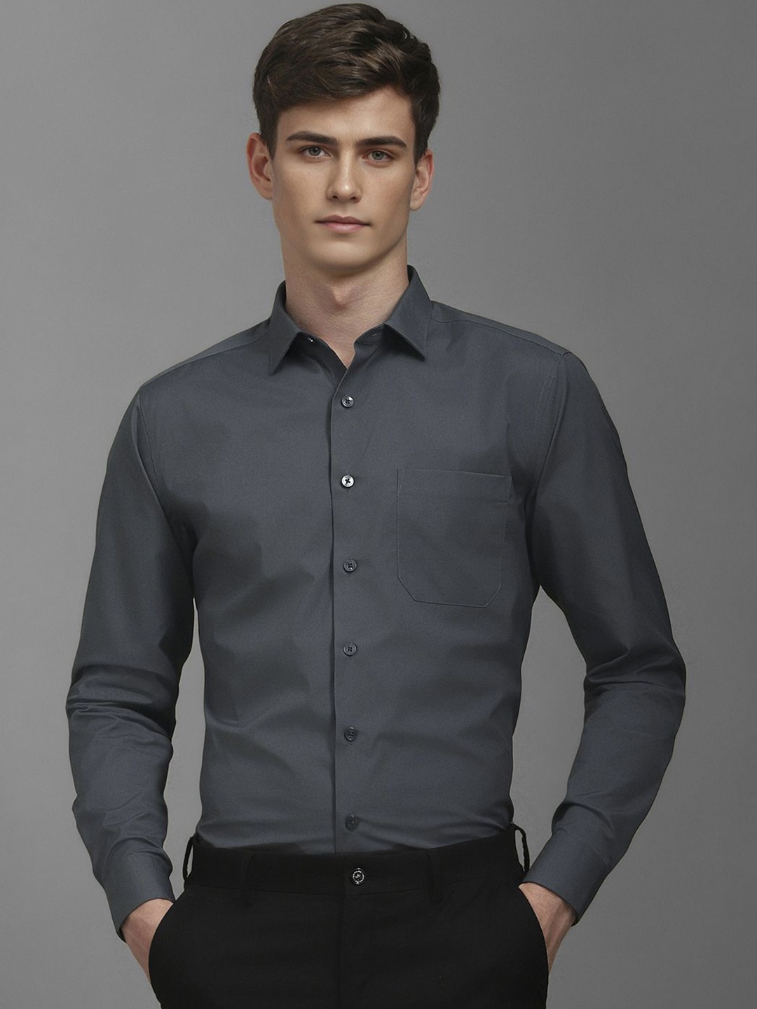 

Louis Philippe Men Spread Collar Solid Cotton Formal Shirt, Charcoal