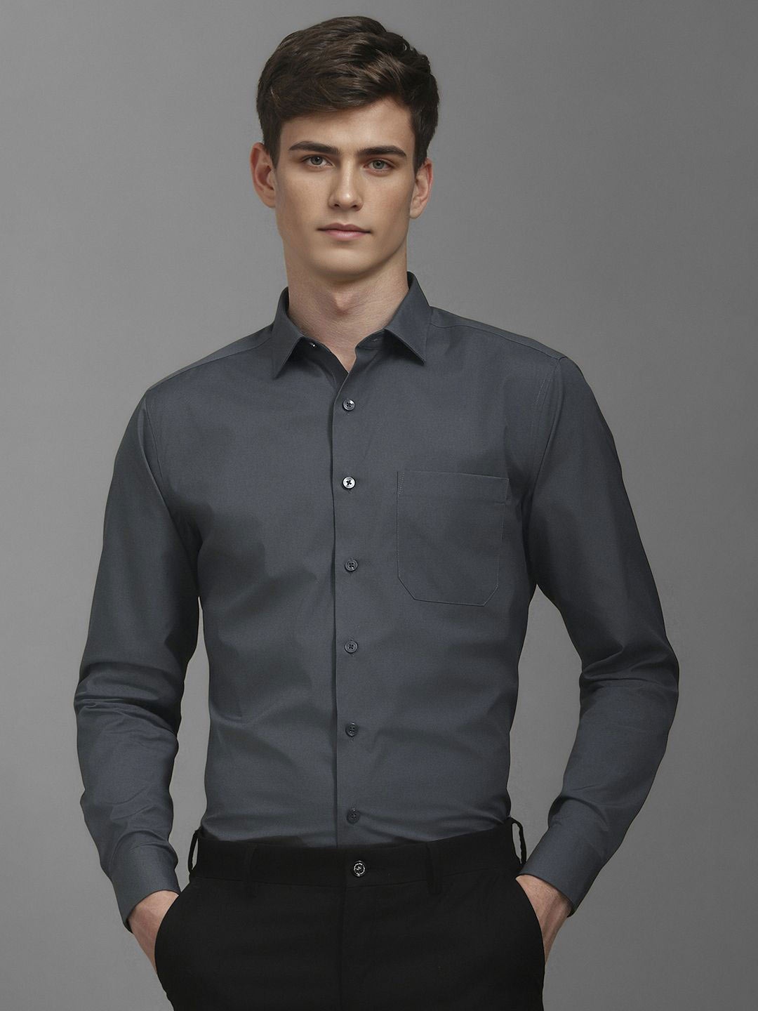 

Louis Philippe Men Spread Collar Solid Cotton Formal Shirt, Charcoal