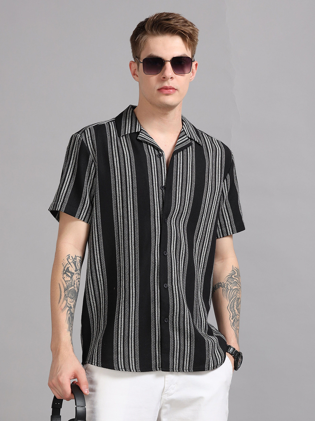 

StitchX Men Slim Fit Half Sleeve Textured Striped Sustainable Fabric Cuban Collar Shirt, Black