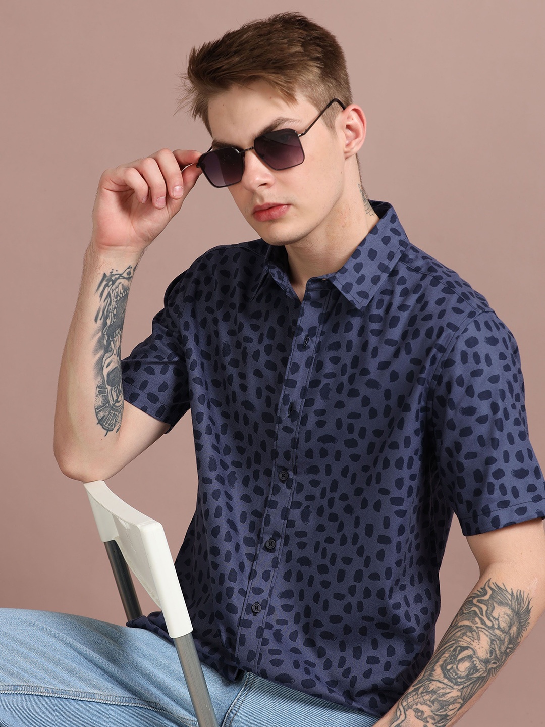

StitchX Men's Half Sleeve Leopard Printed Spread Collar Shirt, Blue