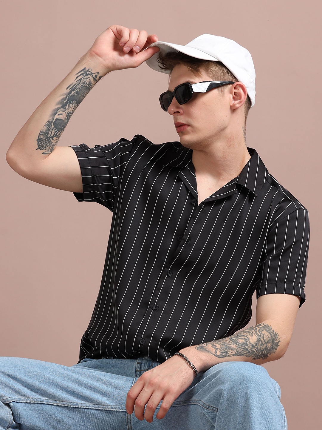 

StitchX Men Slim Fit Half Sleeve Striped Semi Sheer Satin Finish Cuban Collar Shirt, Black