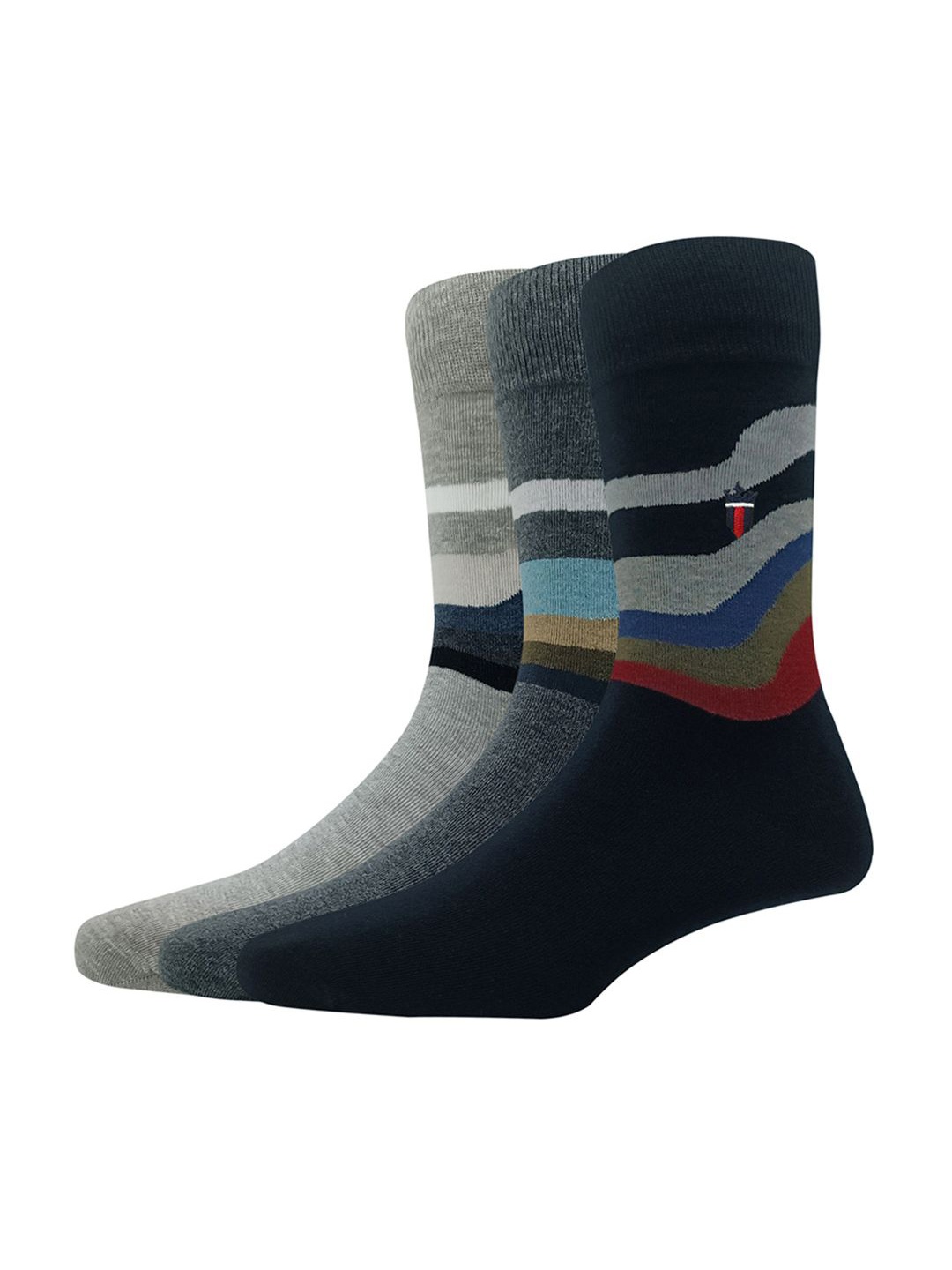 

Louis Philippe Men Pack Of 3 Striped Cotton Calf Length Socks, Grey melange