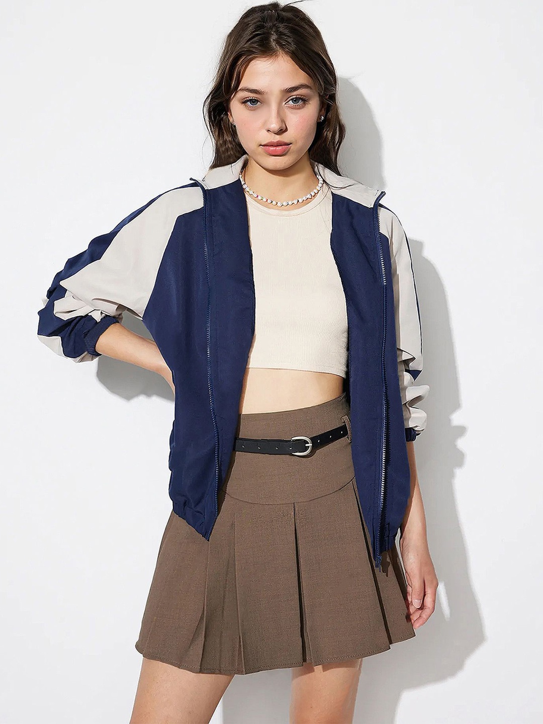 

StyleCast x Revolte Women Mock Collar Colourblocked Casual Bomber Insulator Jacket, Navy blue